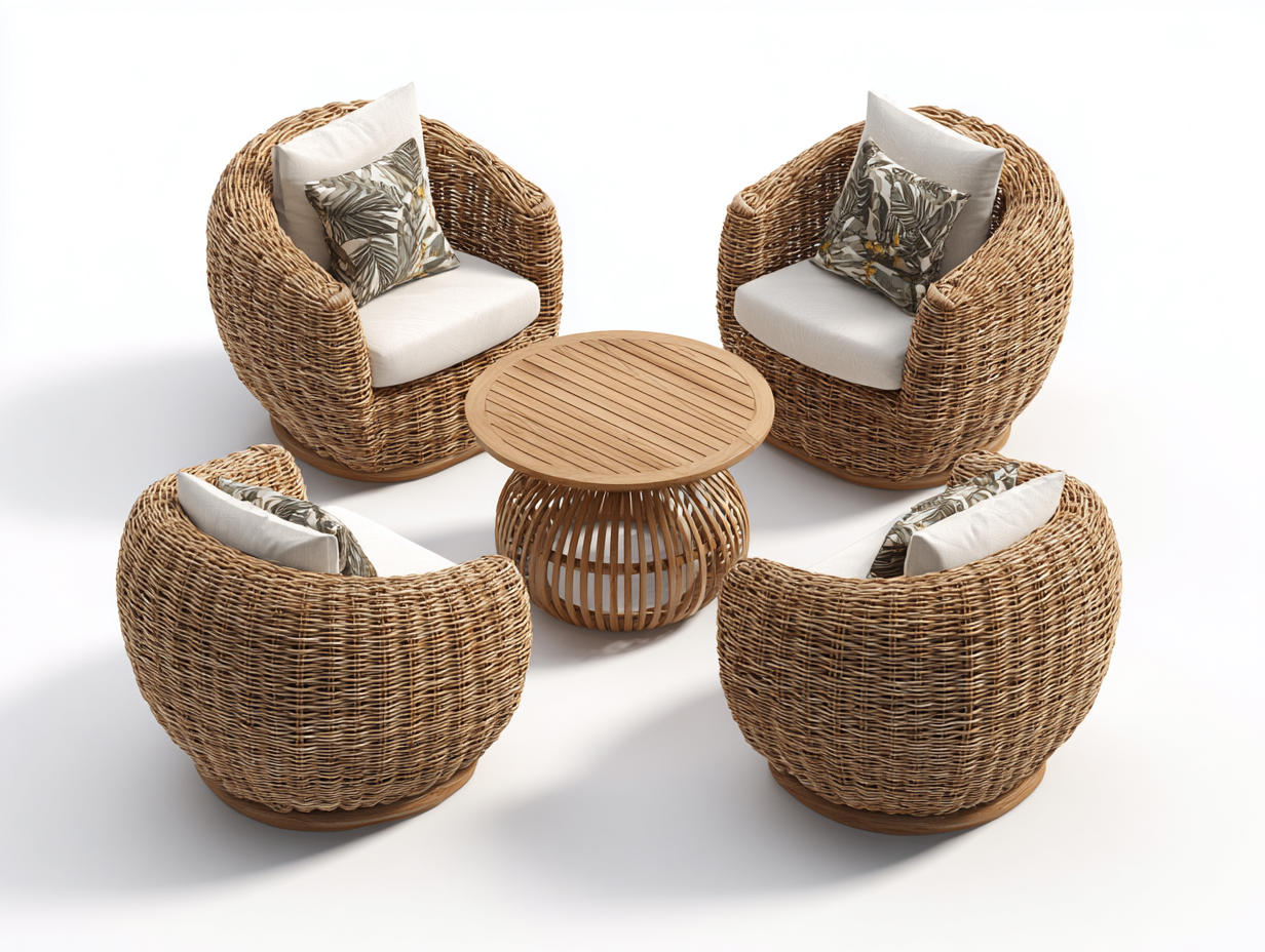 Ensemble table et chaises d'extérieur rotin 82x78x90 cm - bois naturel/beige - design moderne