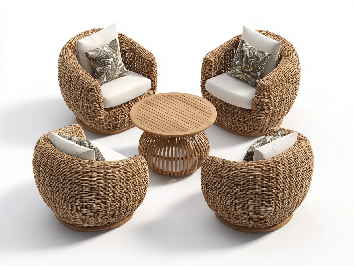 Ensemble table et chaises d'extérieur rotin 82x78x90 cm - bois naturel/beige - design moderne