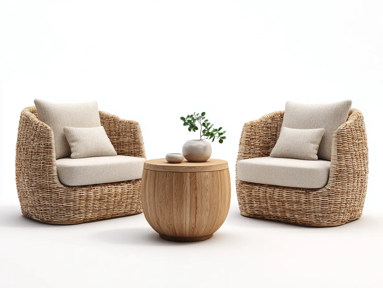 Ensemble table et chaises d'extérieur rotin 85x80x90 cm - bois naturel/beige - design moderne