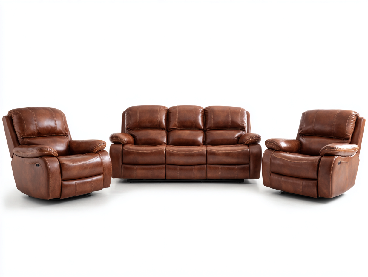 Ensemble canapé 3 places et fauteuils en cuir véritable 190x100x98 cm - marron - dossier ajustable et fonction relax