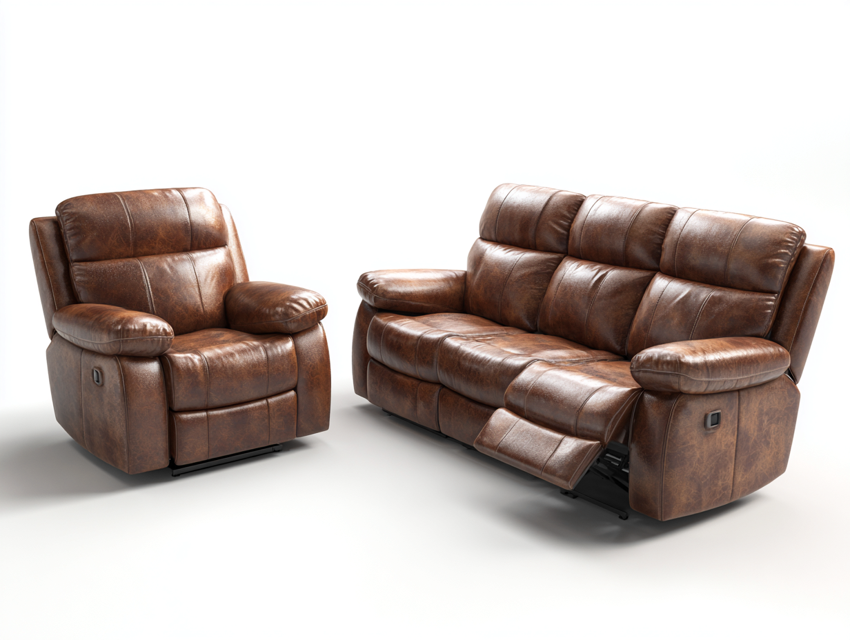 Ensemble canapé 3 places et fauteuil en cuir véritable 198x97x100 cm - brun - dossier réglable et repose-pieds