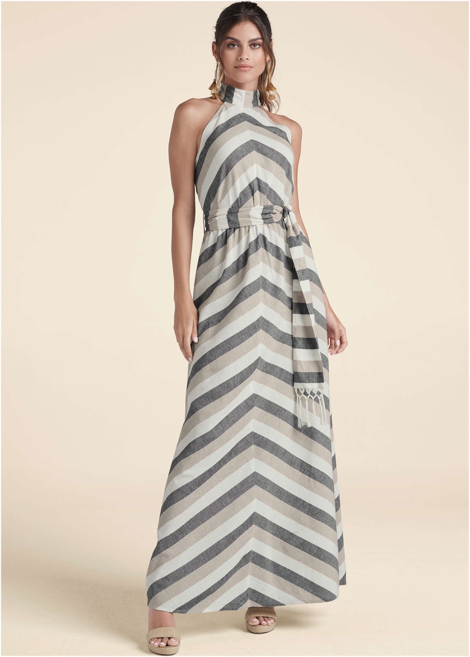 Striped Linen Dress - White Multi-Basic Charm Store