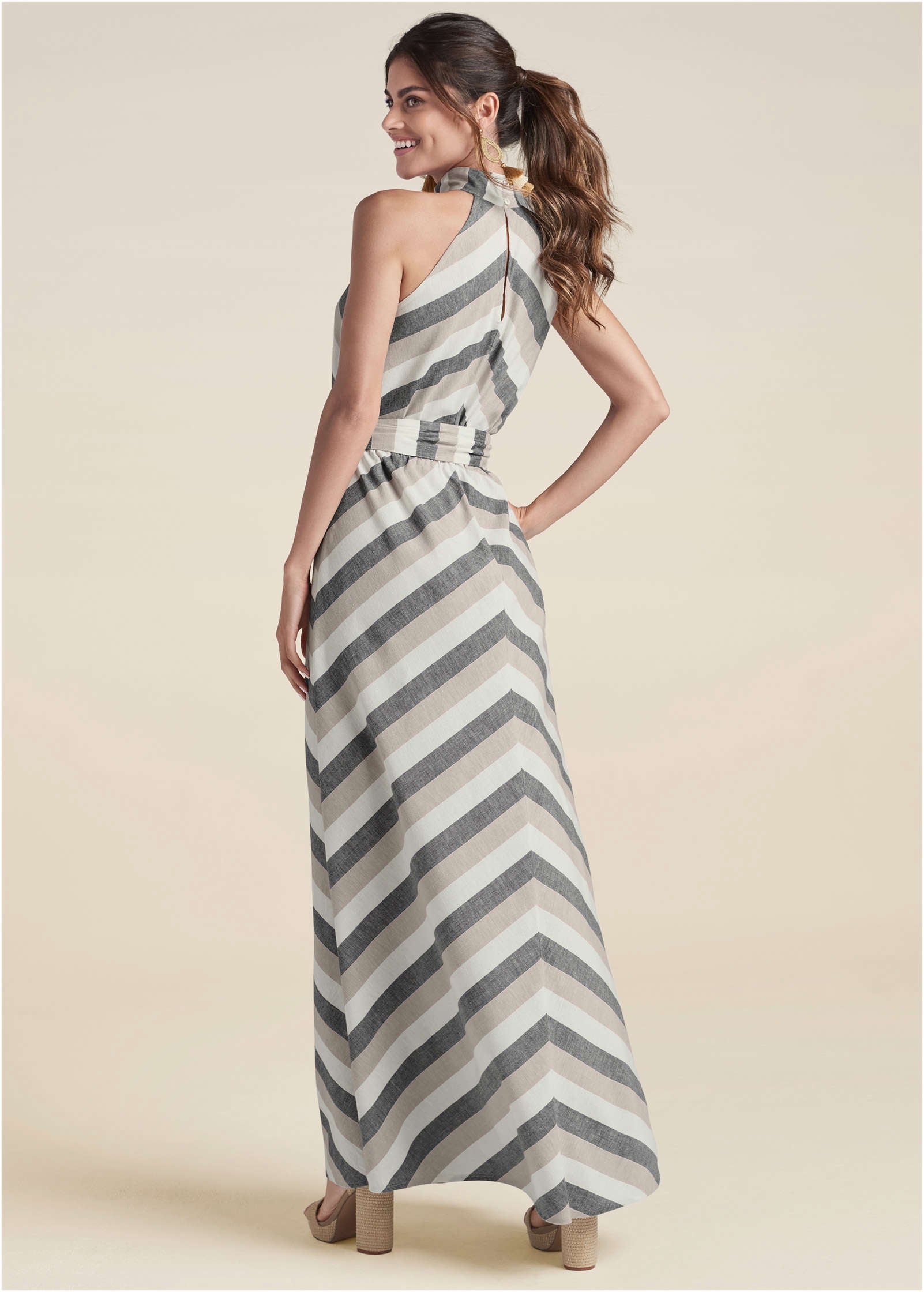 Striped Linen Dress - White Multi-Basic Charm Store