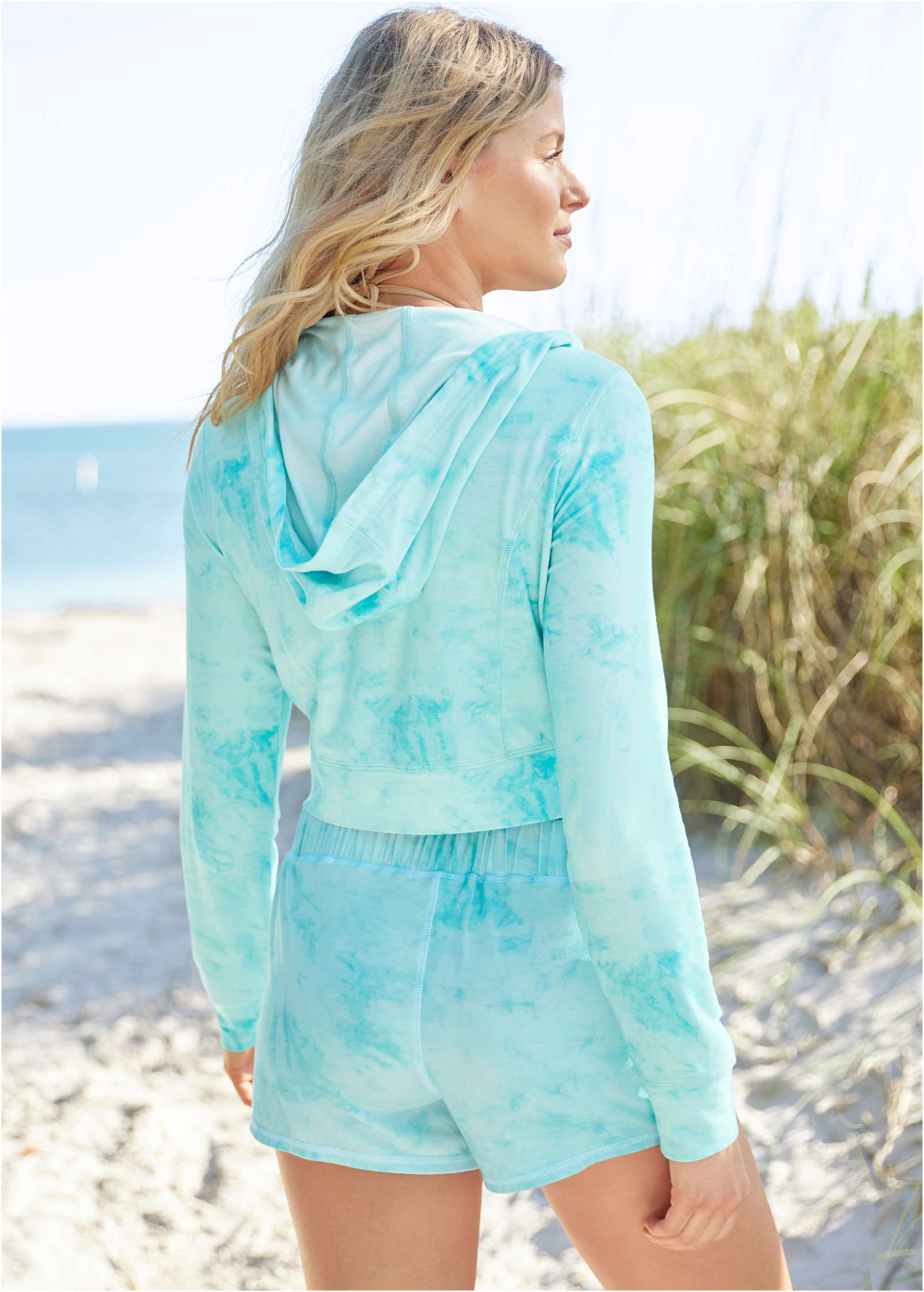 Zip-Front Ruched Hoodie - Aqua Reef & Pearl White-Basic Charm Store