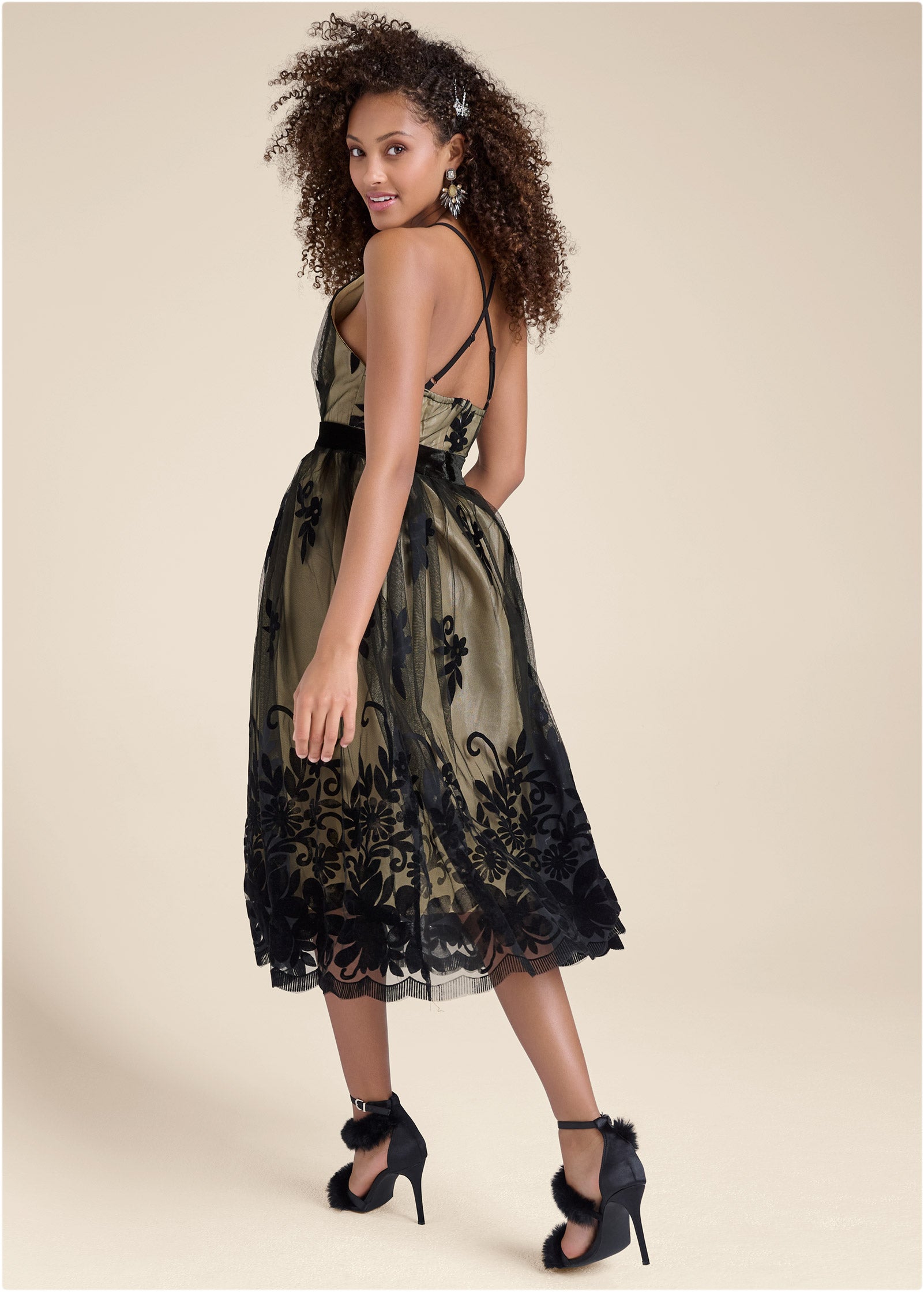 Velvet Floral Midi Dress - Black & Nude-Basic Charm Store