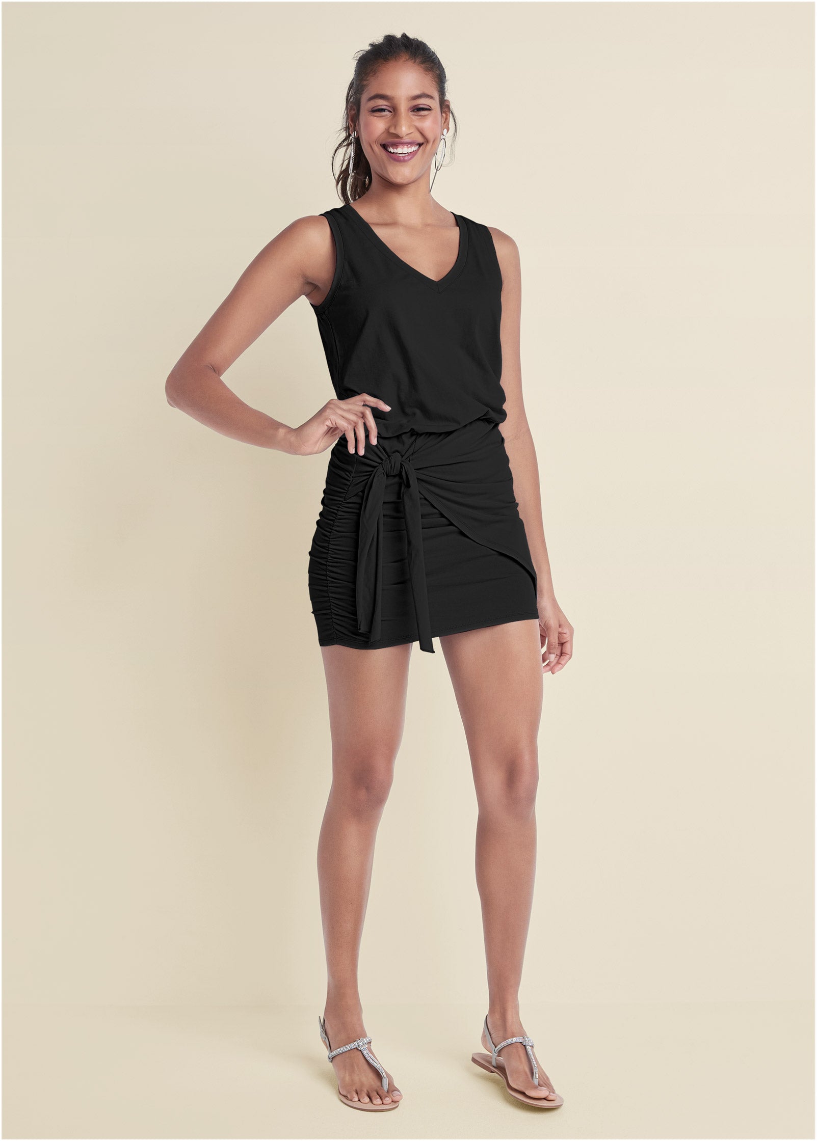 V-Neck Side Wrap Mini Dress - Black-Basic Charm Store