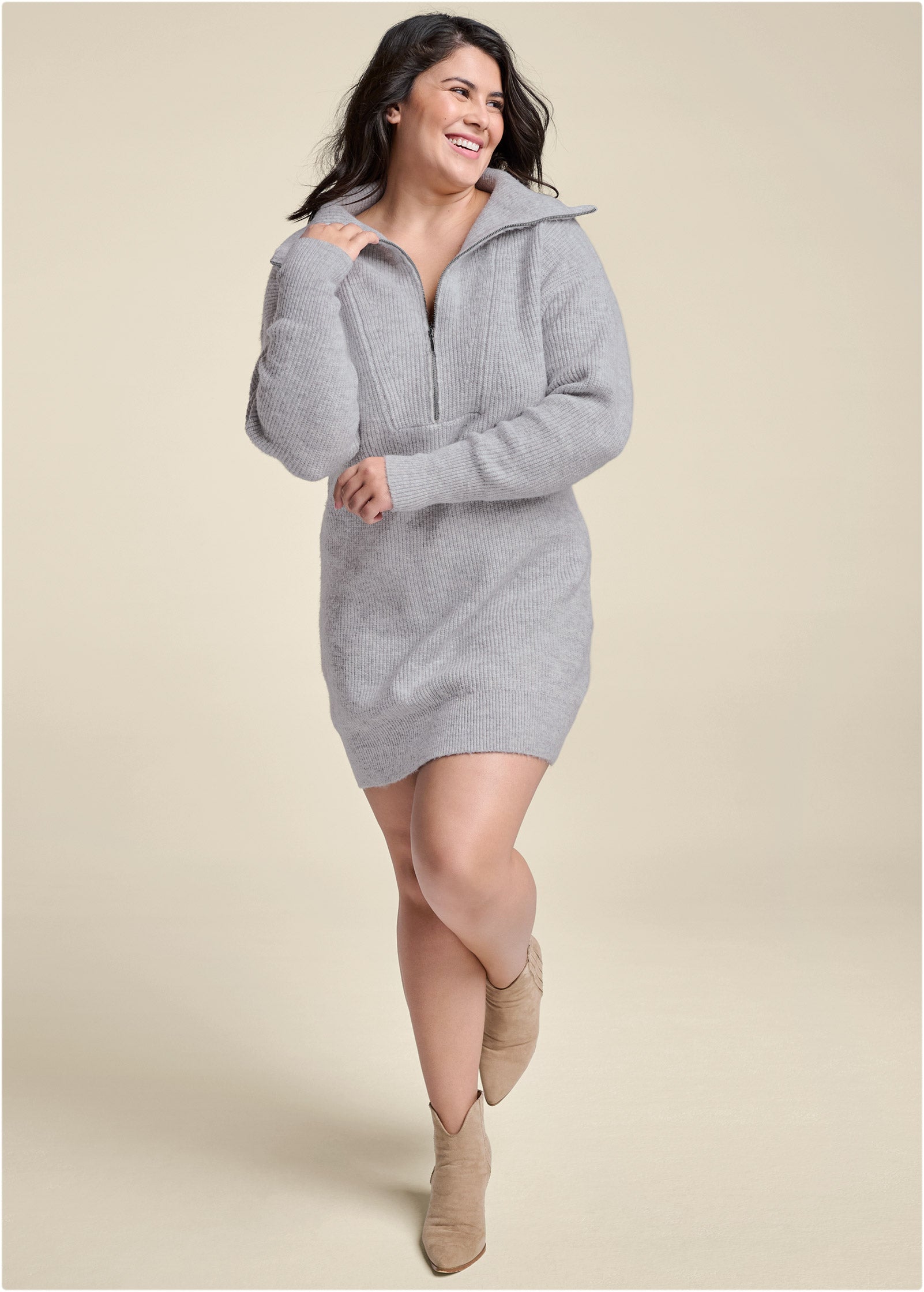 Zip Front Sweater Dress  - Heather Grey-Basic Charm Store