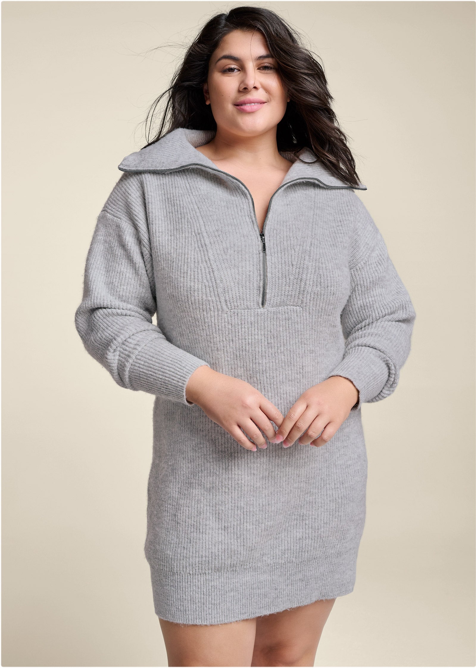 Zip Front Sweater Dress  - Heather Grey-Basic Charm Store