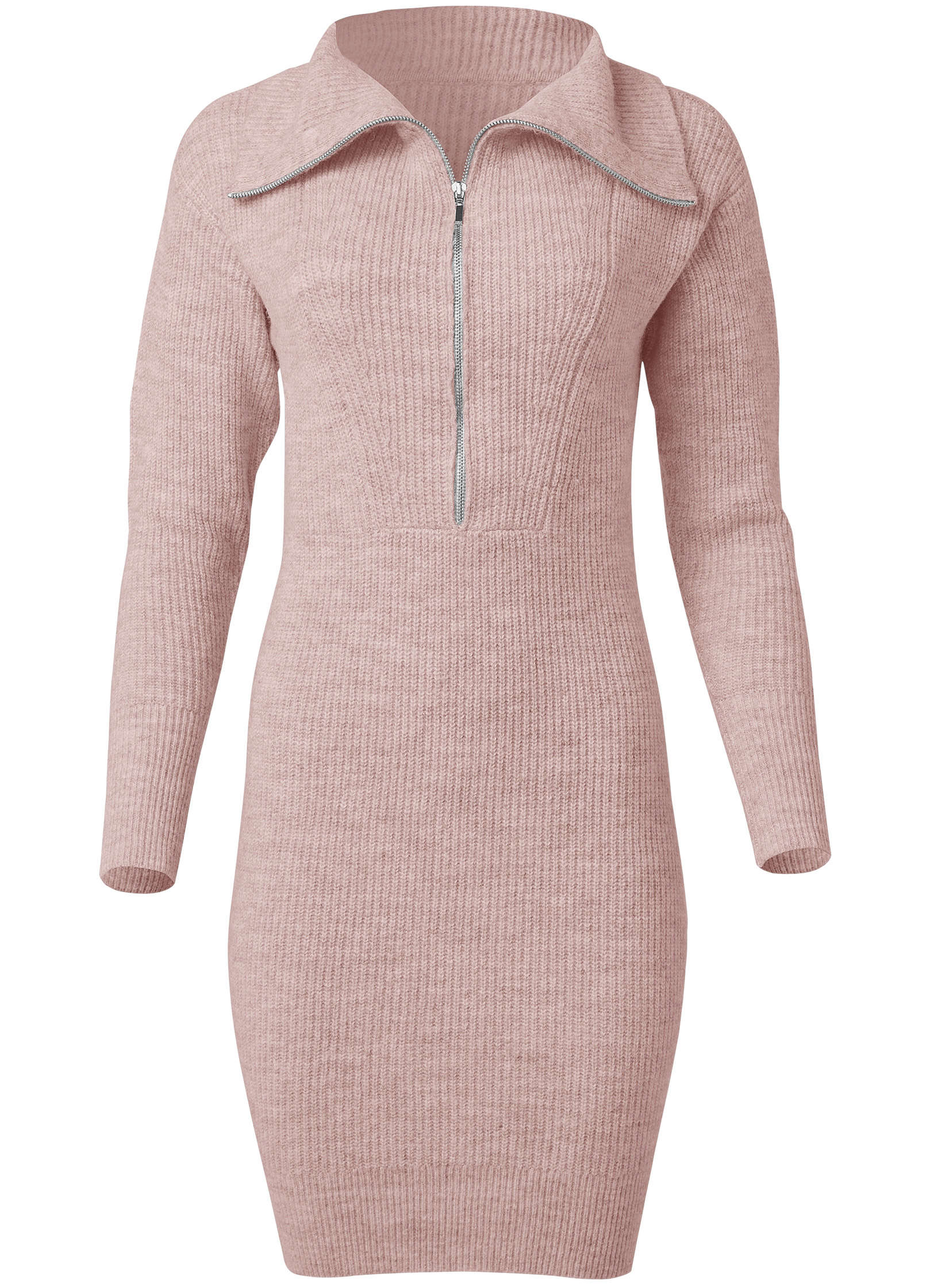 Zip Front Sweater Dress  - Tan-Basic Charm Store
