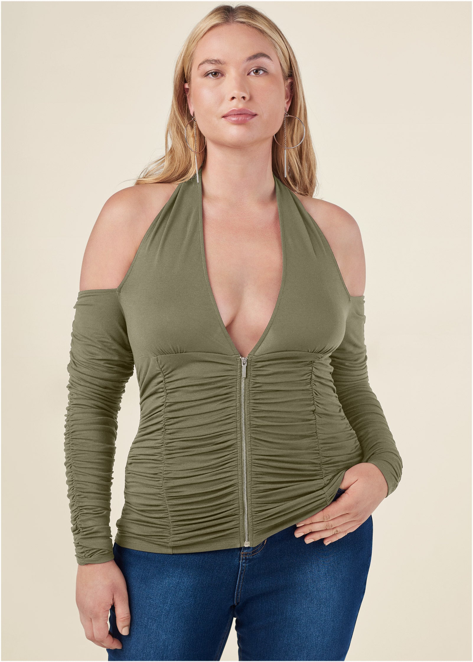 Zip-Up Ruched V-Neck Top - Olive-Basic Charm Store