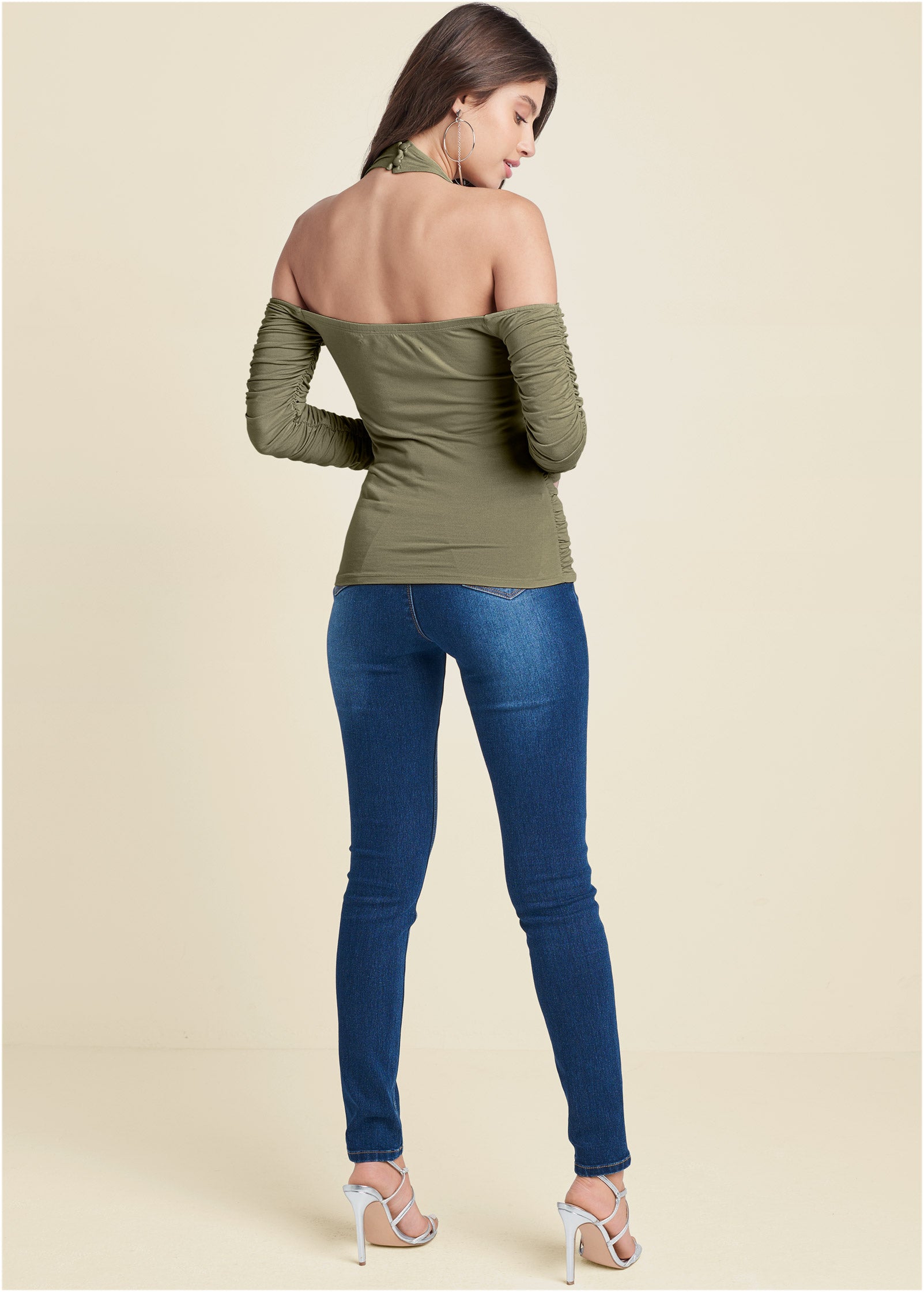 Zip-Up Ruched V-Neck Top - Olive-Basic Charm Store