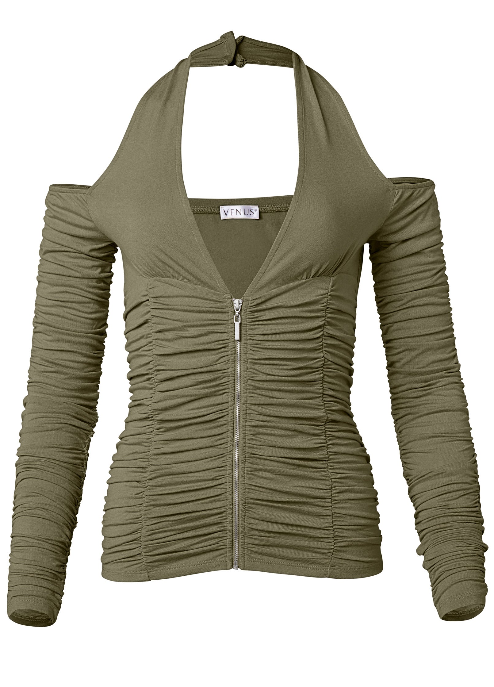 Zip-Up Ruched V-Neck Top - Olive-Basic Charm Store