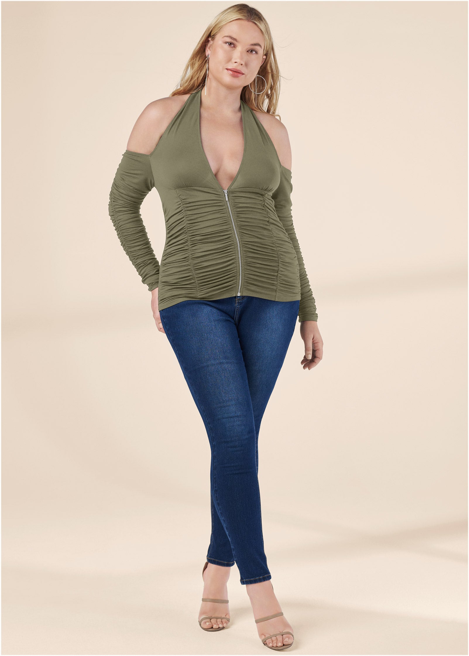 Zip-Up Ruched V-Neck Top - Olive-Basic Charm Store