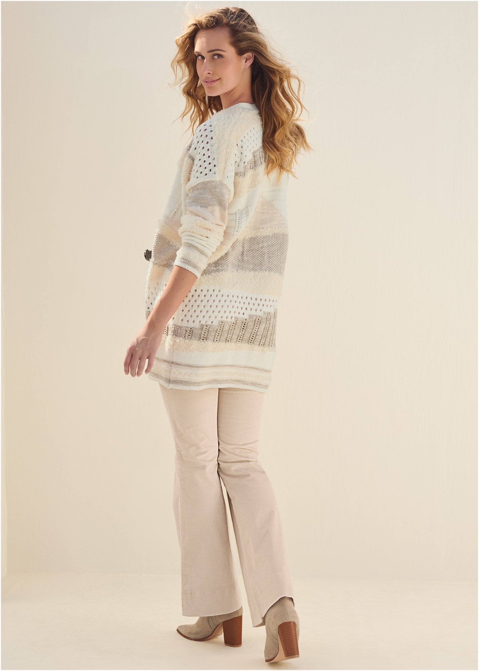 Textured Open Cardigan - Cream Multi-Basic Charm Store