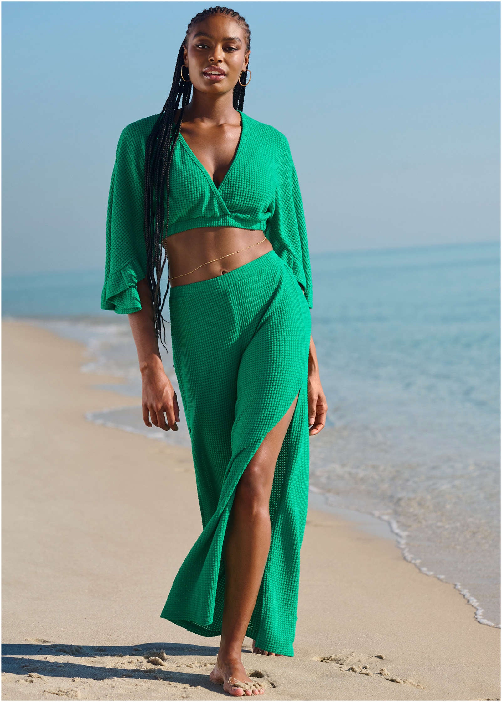 Waffle Knit Crop Cover-Up - Royal Green-Basic Charm Store