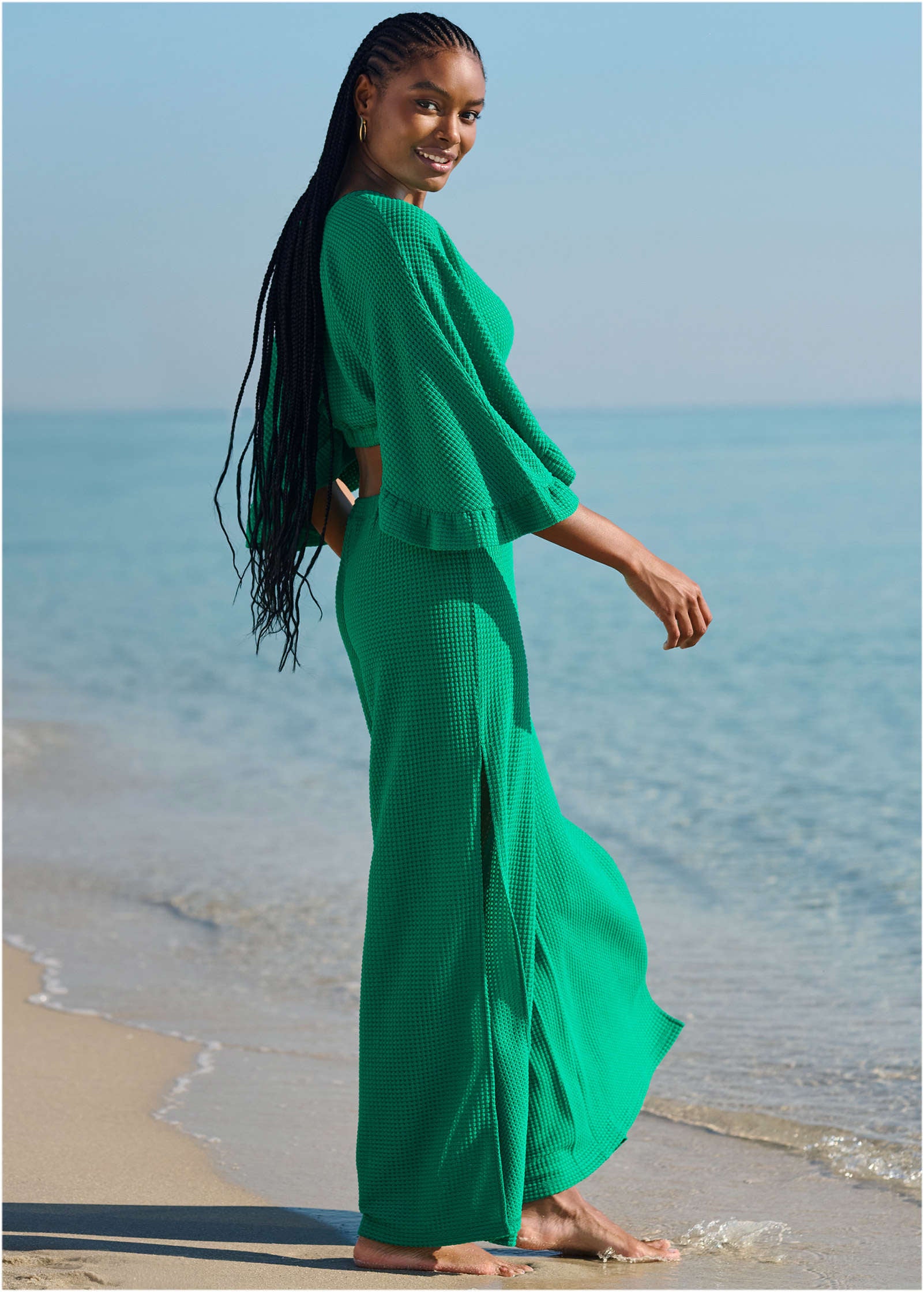 Waffle Knit Crop Cover-Up - Royal Green-Basic Charm Store