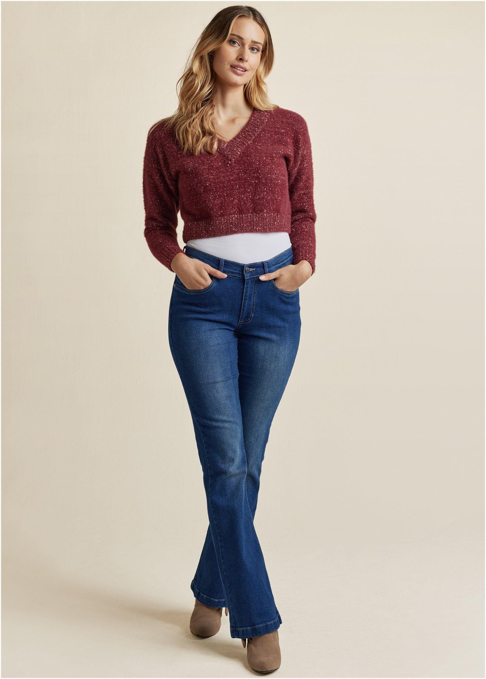 V-Neck Sweater - Burgundy-Basic Charm Store