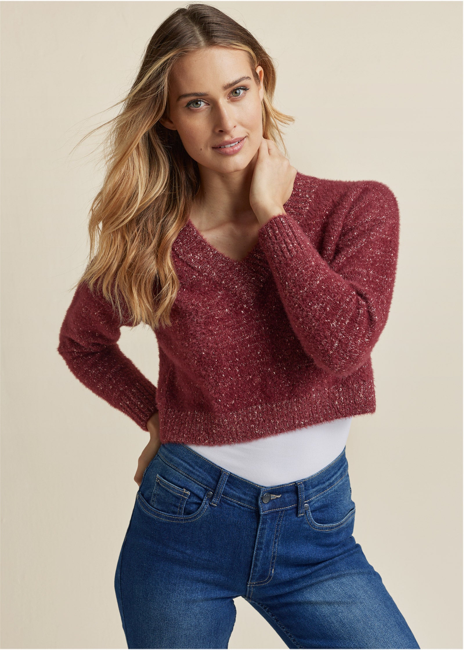 V-Neck Sweater - Burgundy-Basic Charm Store