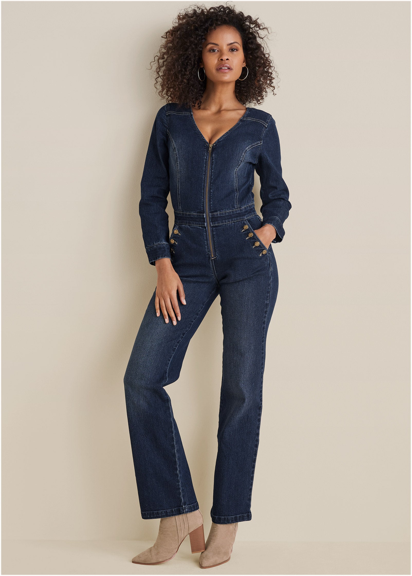 Zip Front Denim Jumpsuit - Dark Wash-Basic Charm Store