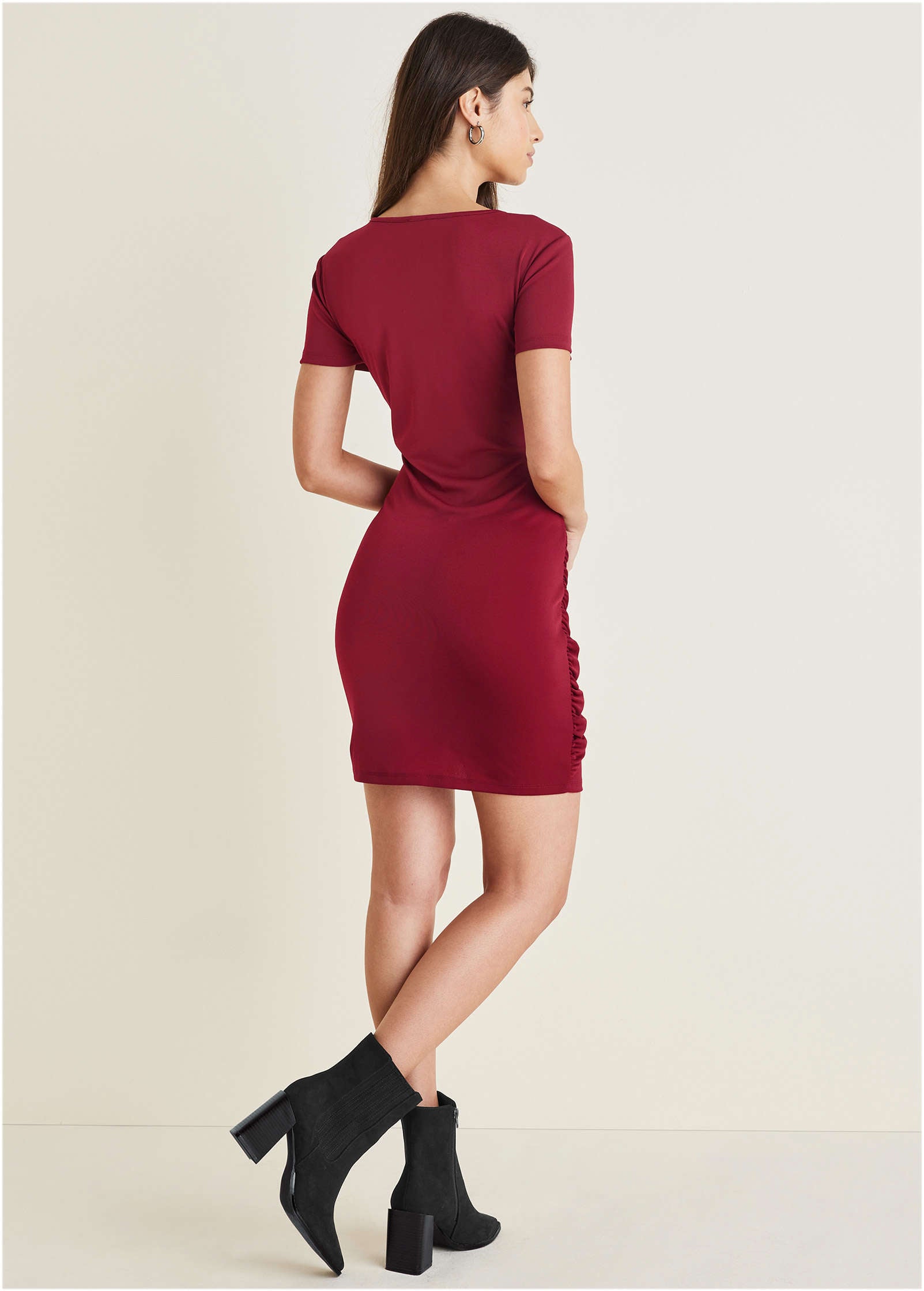 Tie Waist Detail Mini Dress - Wine-Basic Charm Store