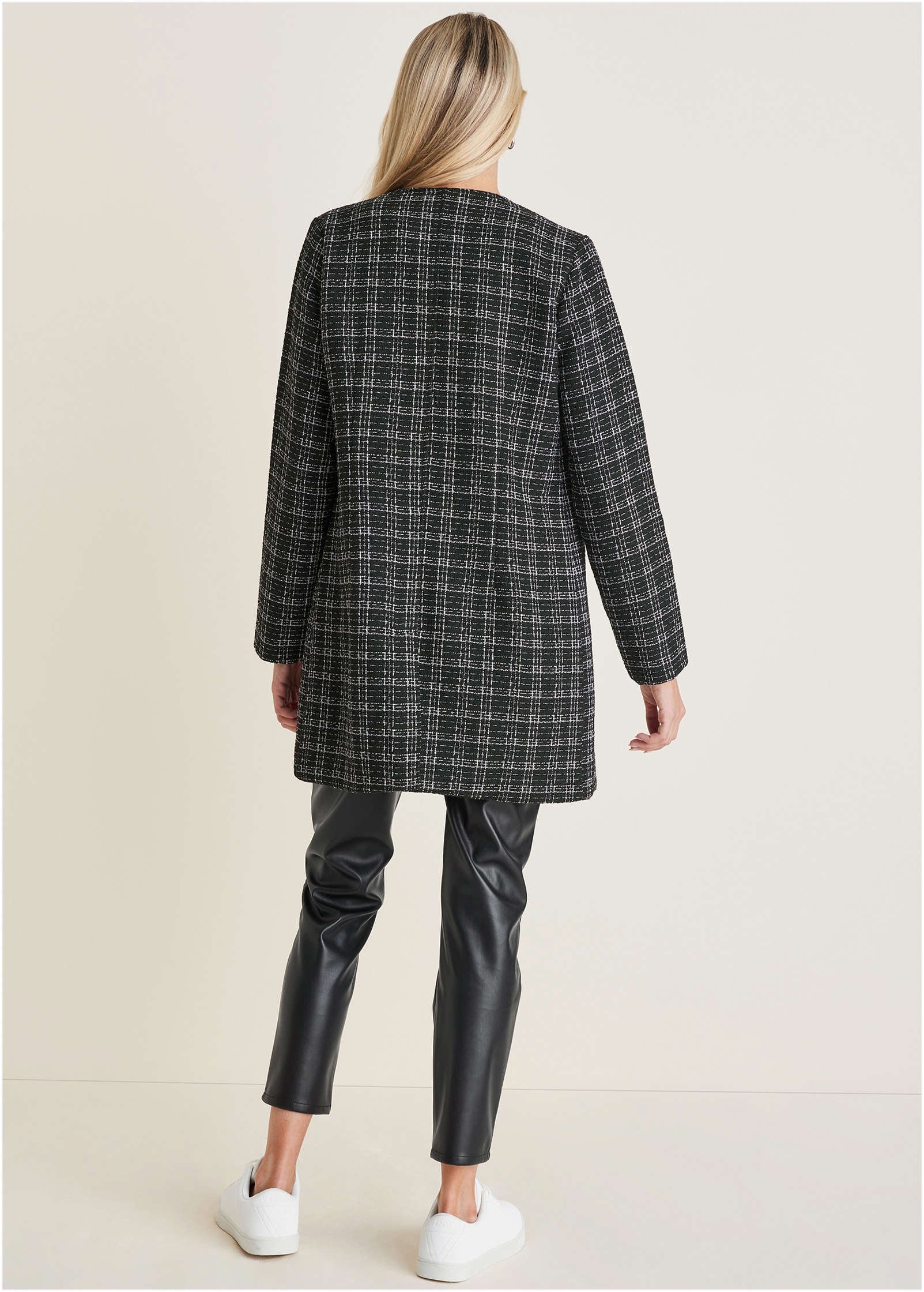 Tweed And Faux-Leather Coat - Black & White-Basic Charm Store