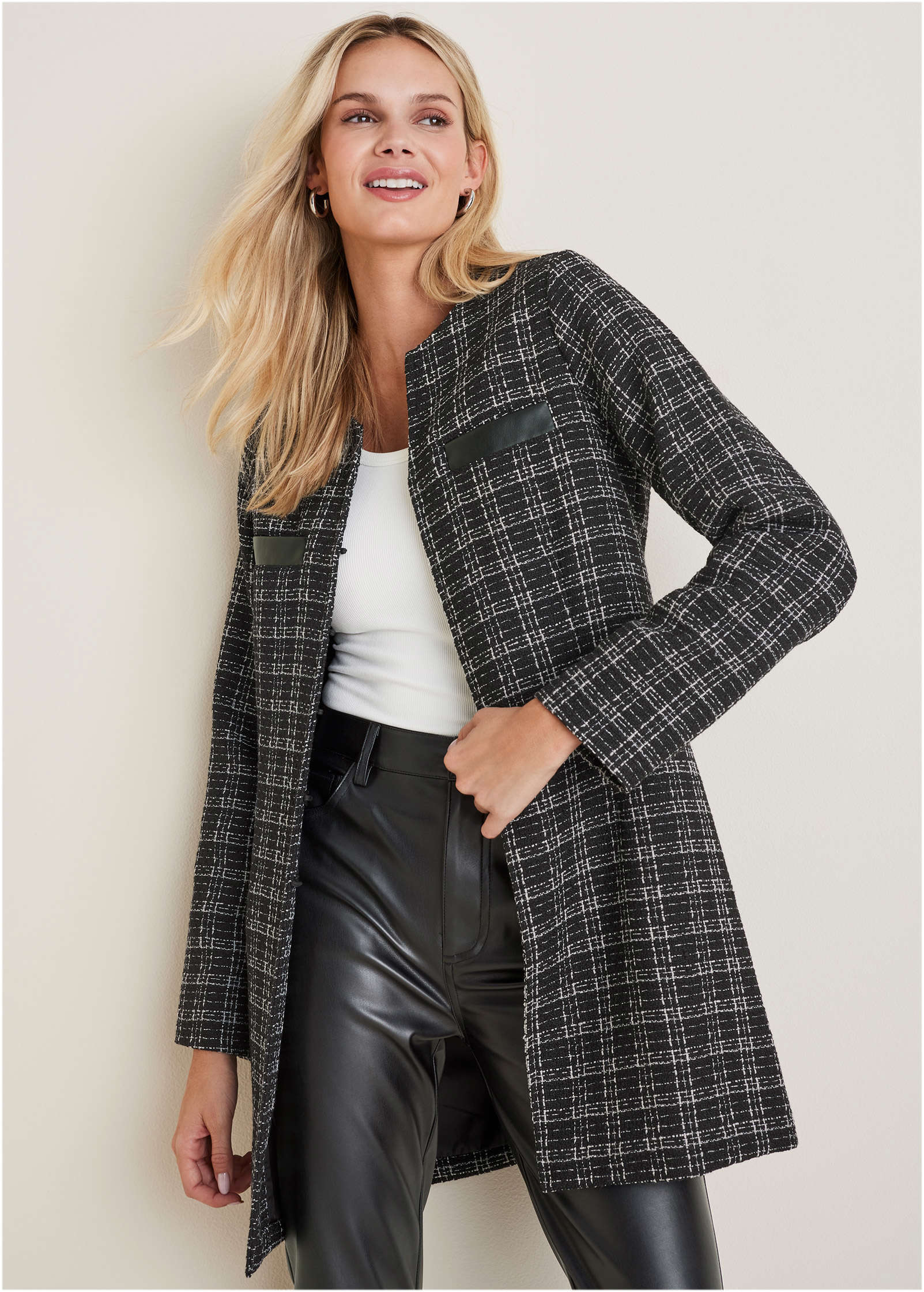 Tweed And Faux-Leather Coat - Black & White-Basic Charm Store