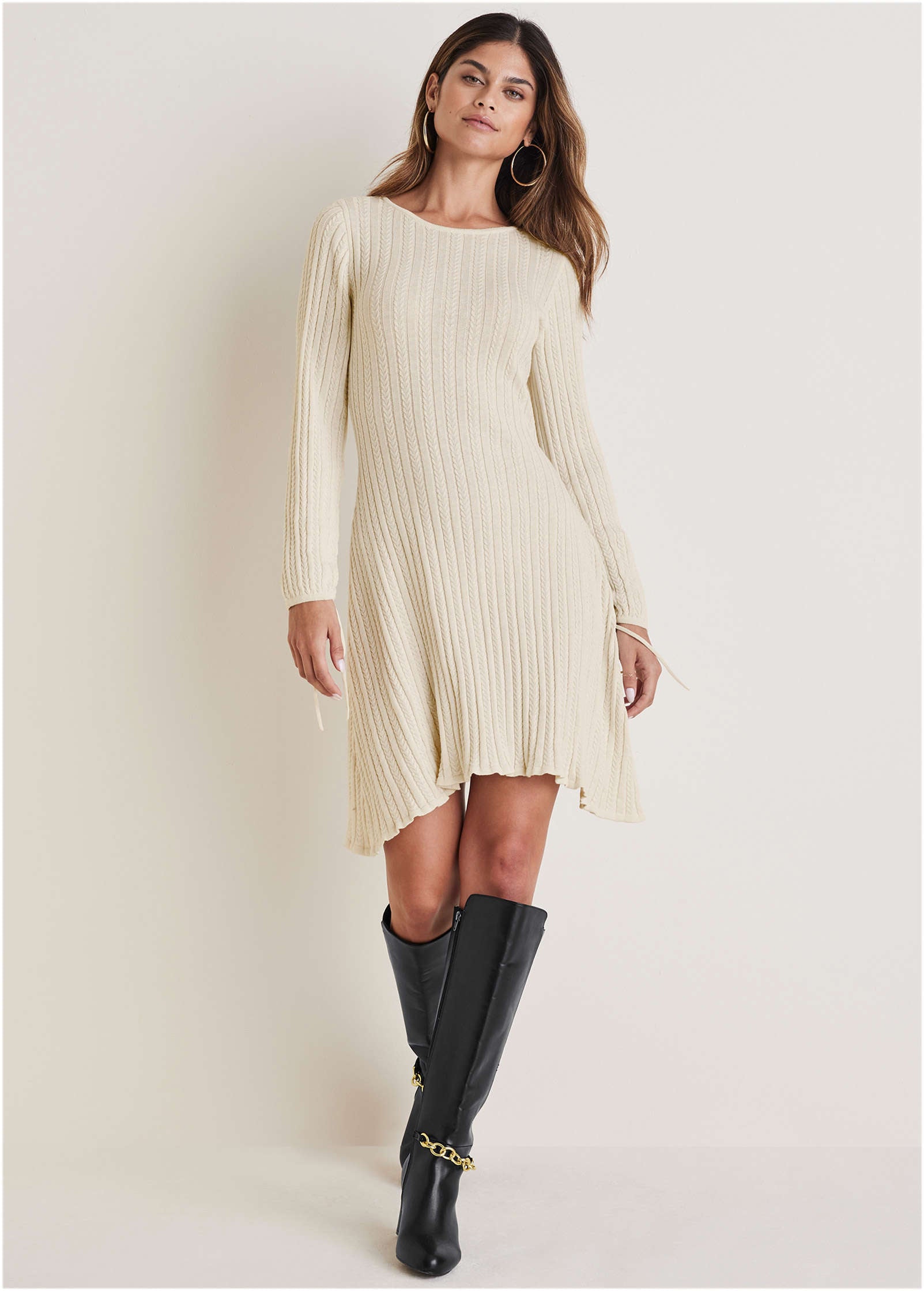 Tie Detail Mini Sweater Dress - Off White-Basic Charm Store
