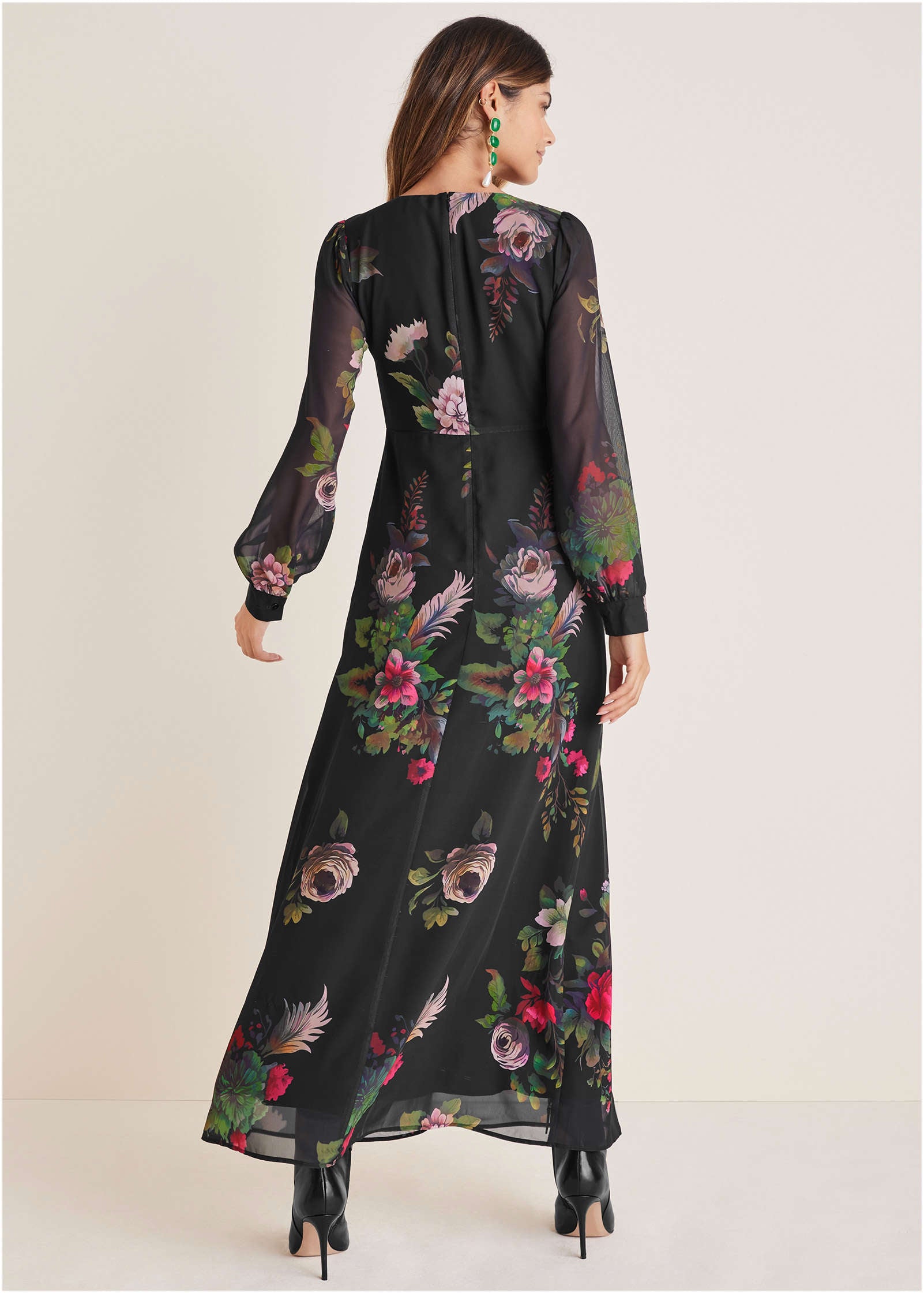 V-Neck Floral Maxi Dress - Black Multi-Basic Charm Store