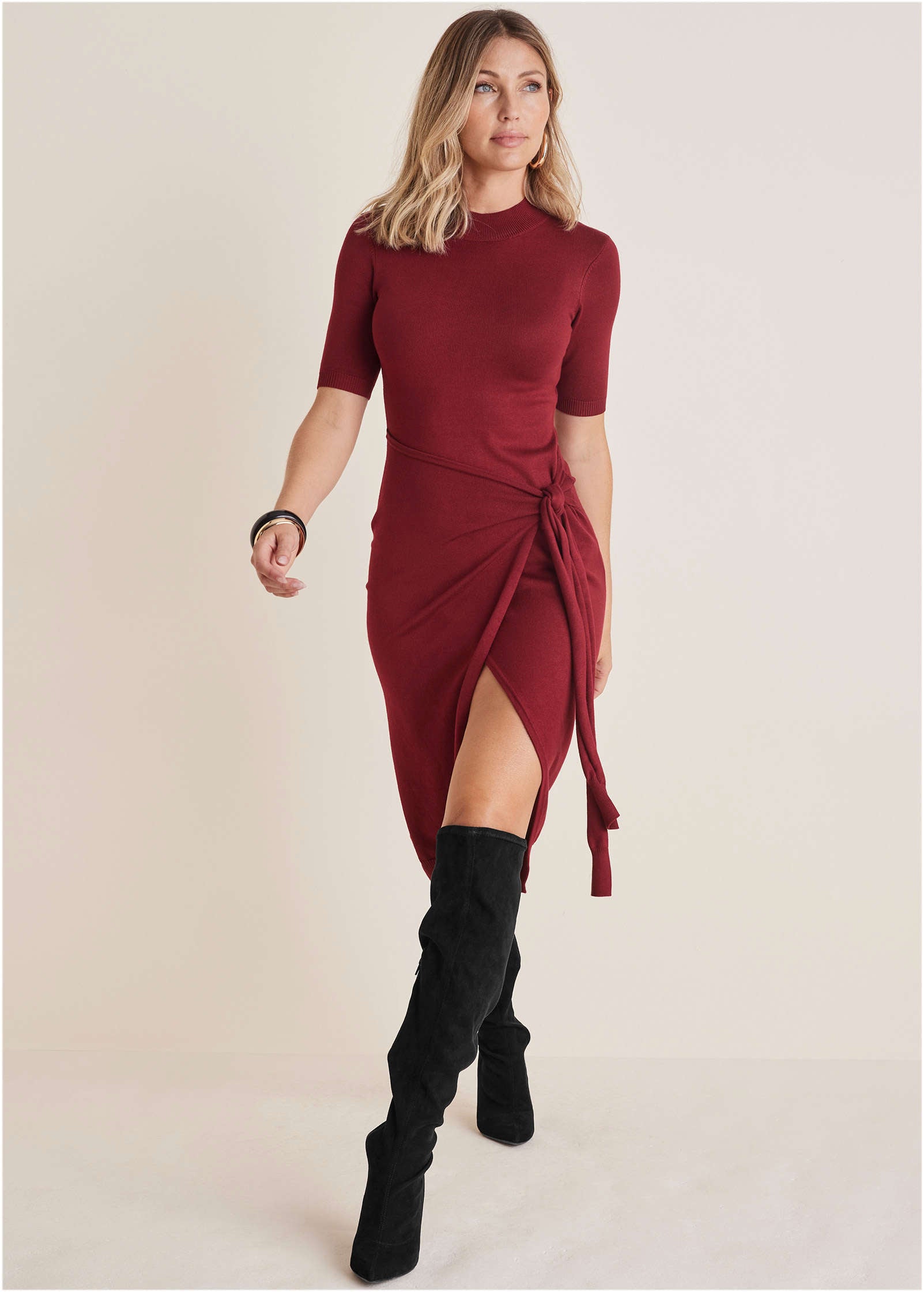 Tie Side Sweater Dress - Wine-Basic Charm Store