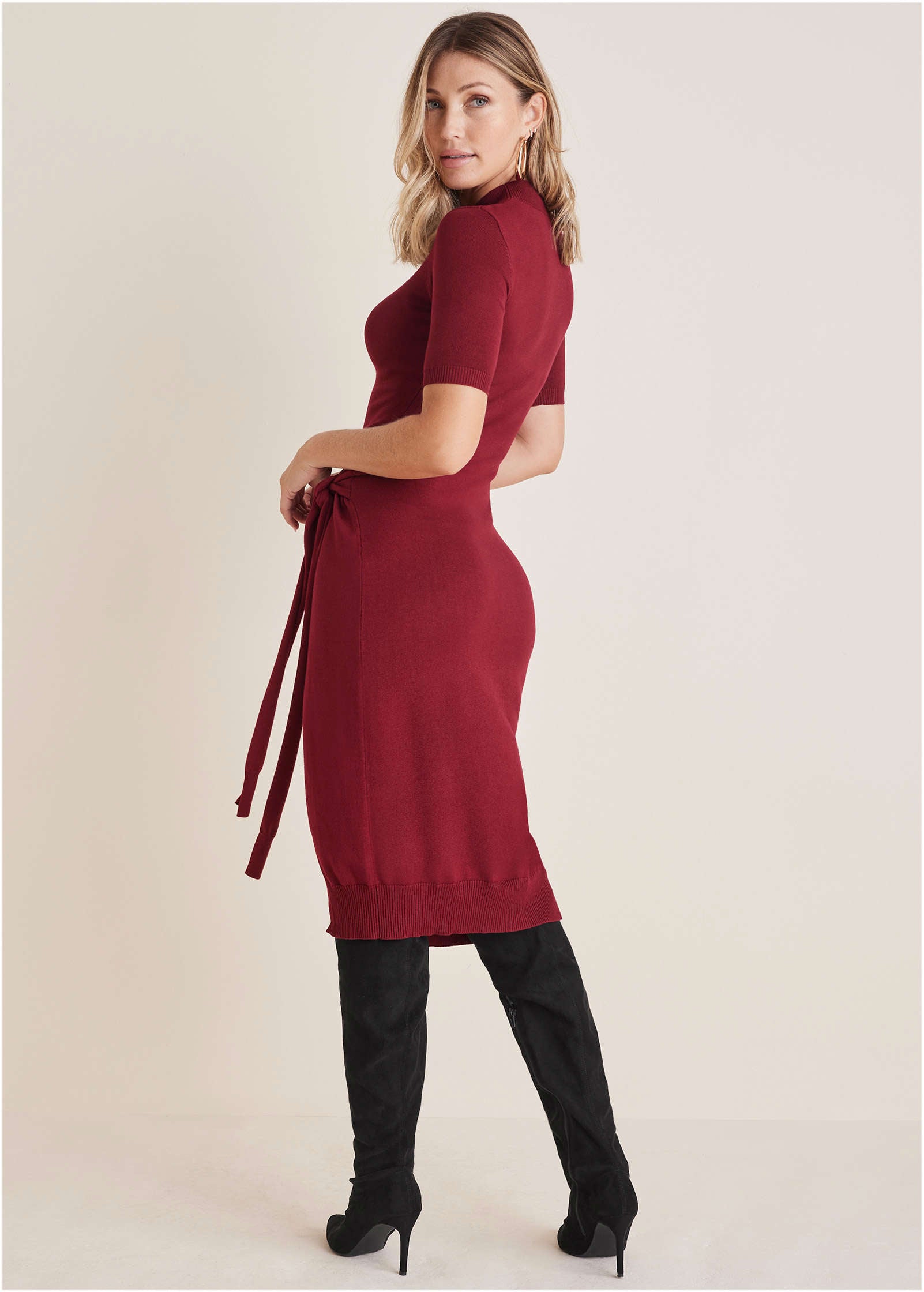 Tie Side Sweater Dress - Wine-Basic Charm Store