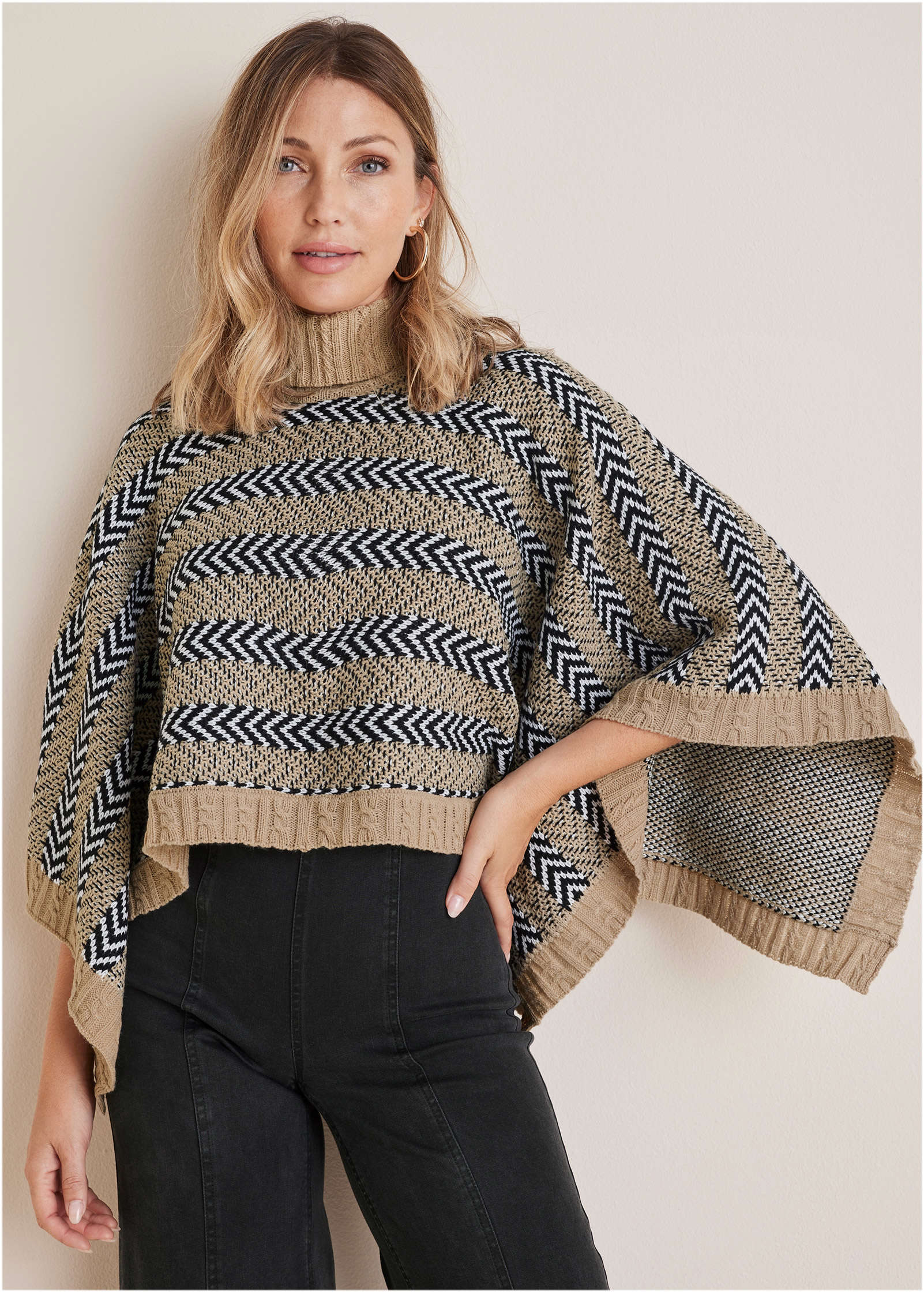 Sweater Poncho - Tan Combo-Basic Charm Store