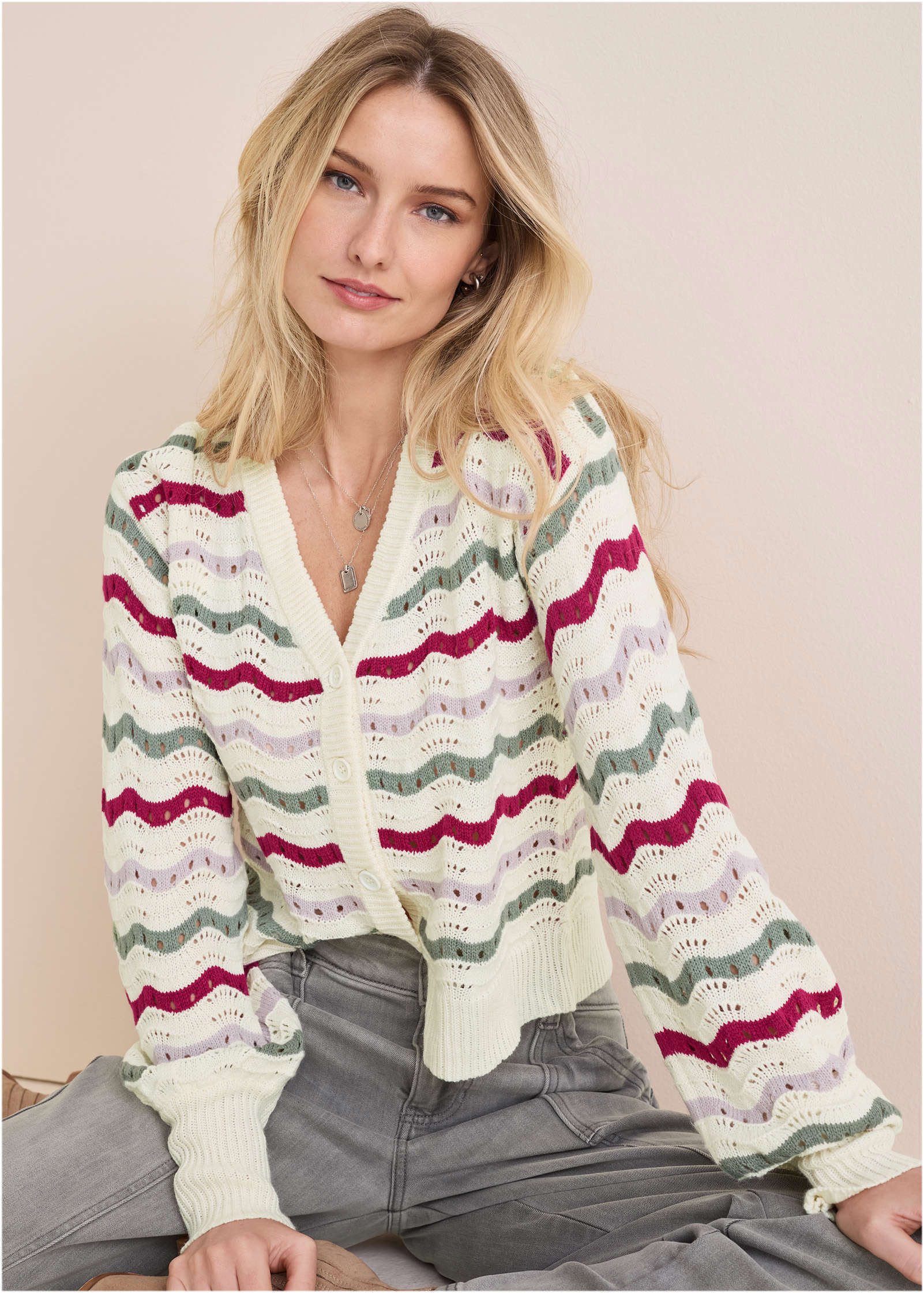 Stripe Pointelle Cardigan - Grey Multi-Basic Charm Store