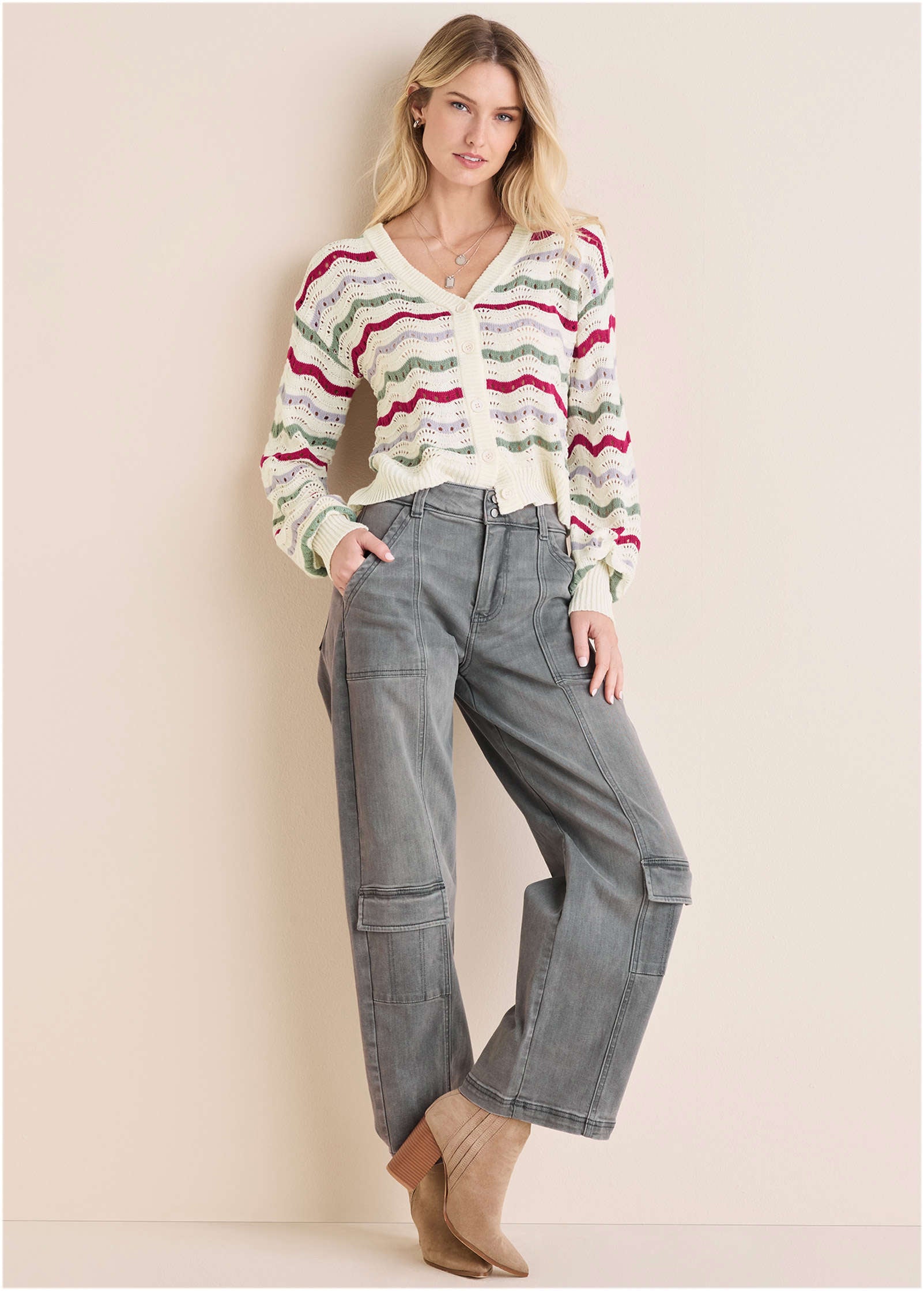 Stripe Pointelle Cardigan - Grey Multi-Basic Charm Store