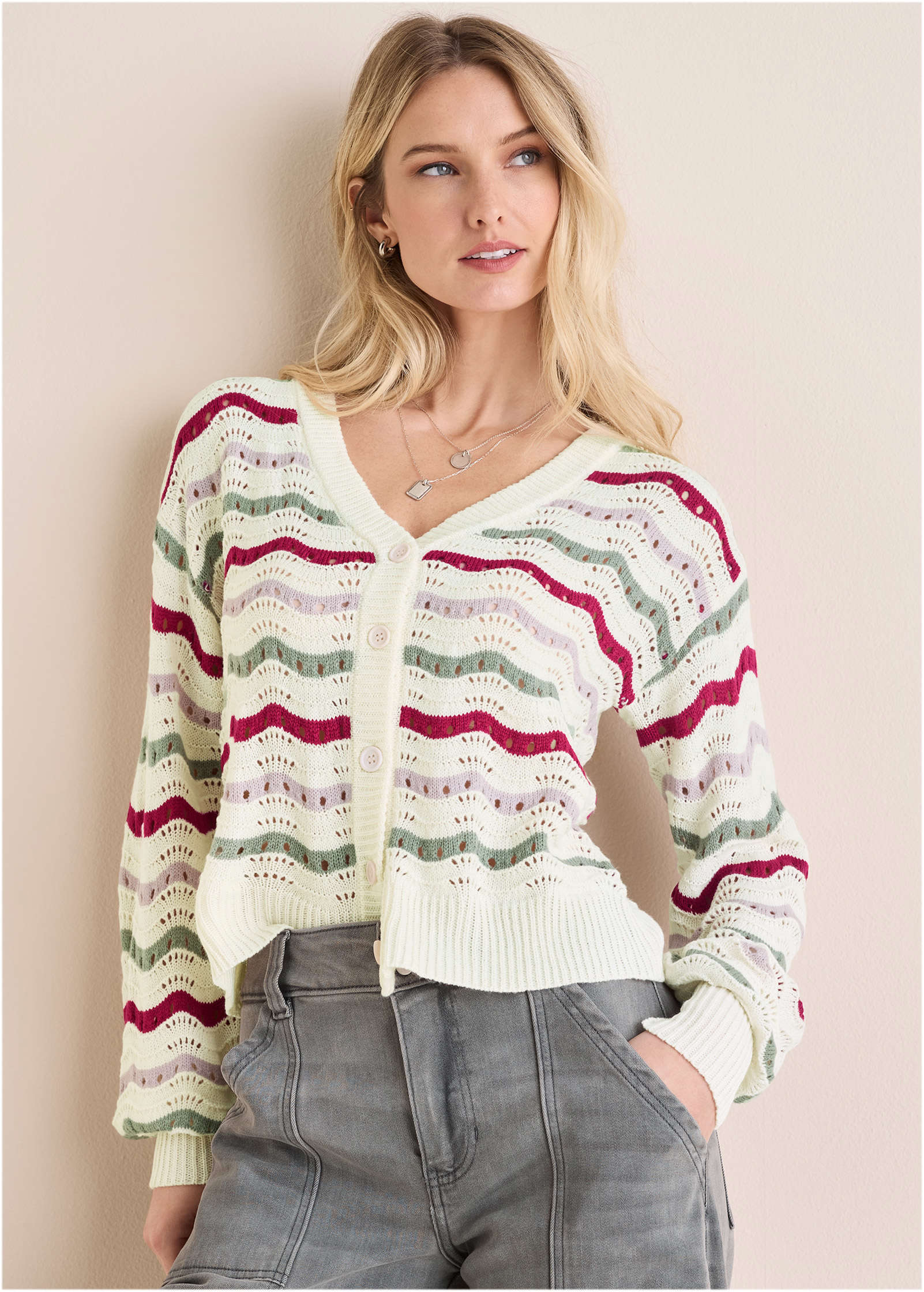 Stripe Pointelle Cardigan - Grey Multi-Basic Charm Store
