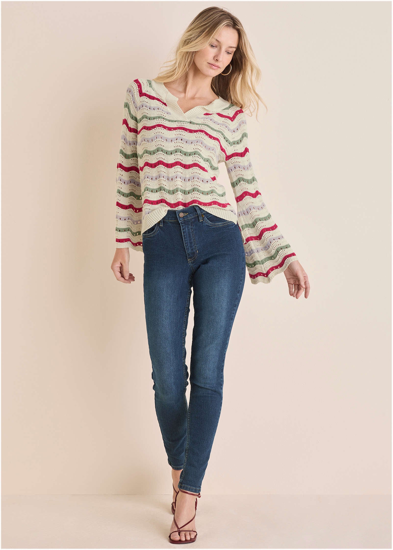 Stripe Pointelle Sweater - Grey Multi-Basic Charm Store