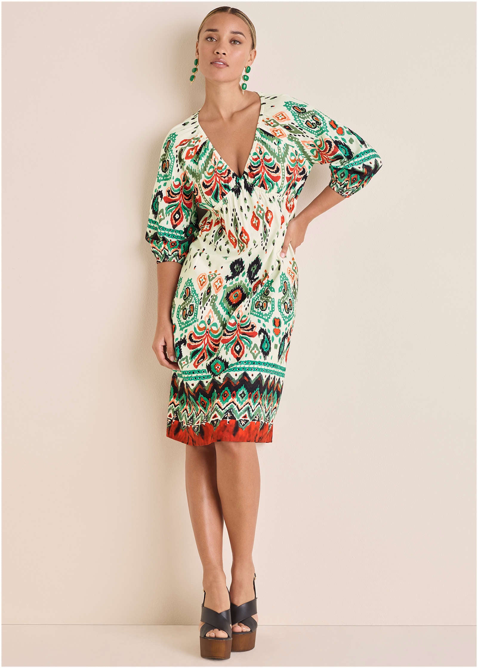 V-Neck Midi Dress - Seti Olive Ikat-Basic Charm Store