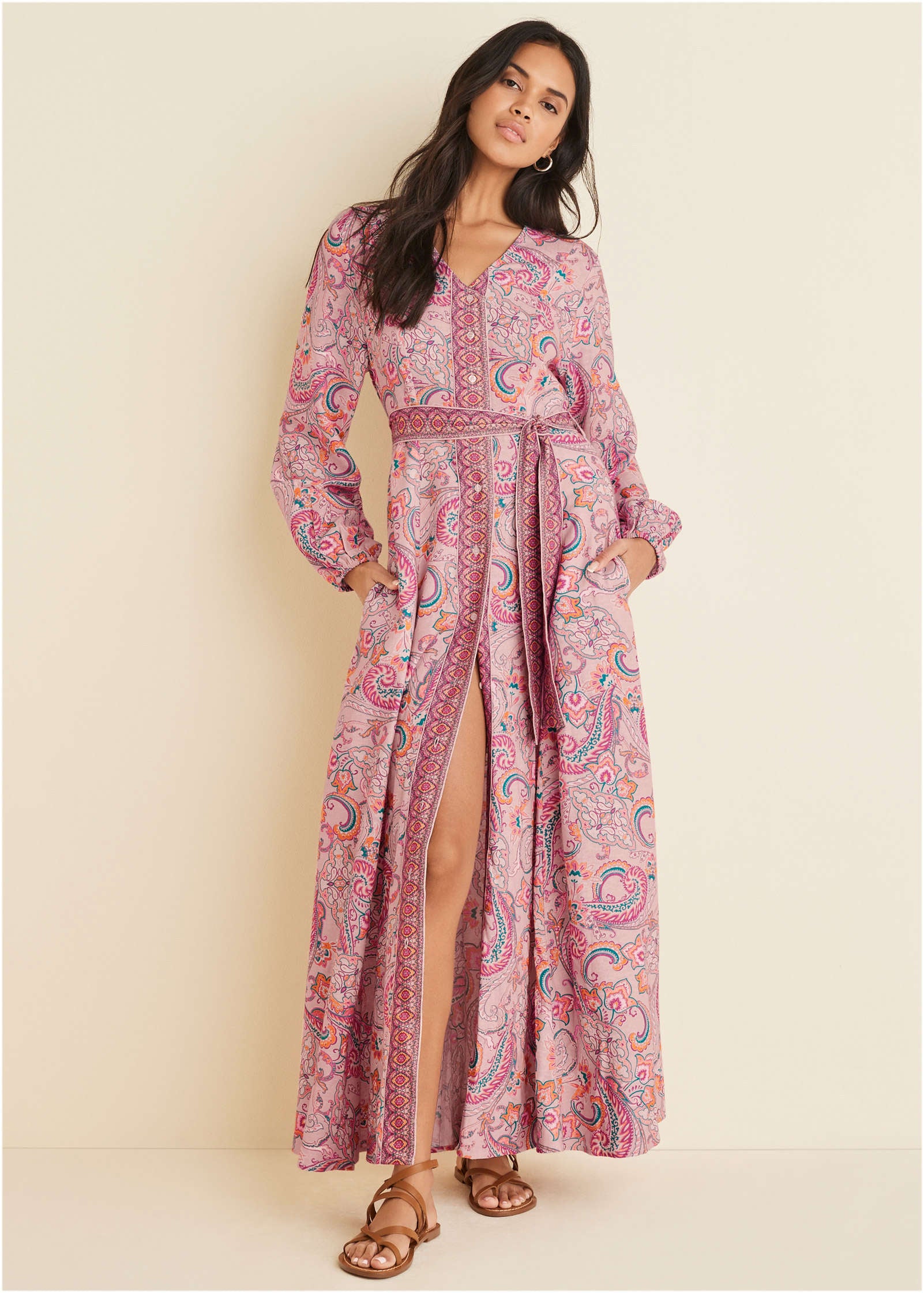 Tie-Waist Linen Maxi Dress - Venetian Paisley-Basic Charm Store