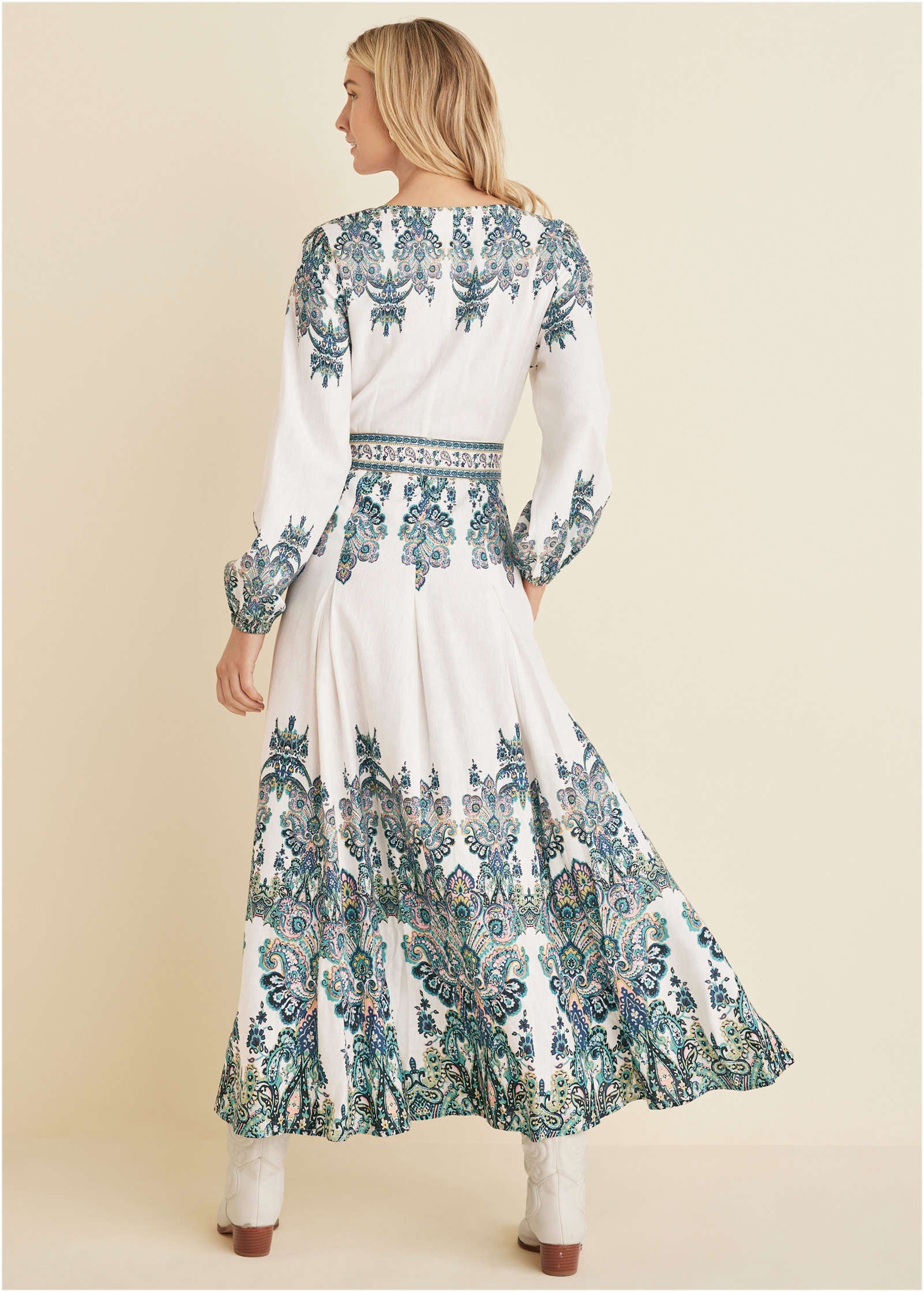 Tie-Waist Linen Maxi Dress - White Multi-Basic Charm Store