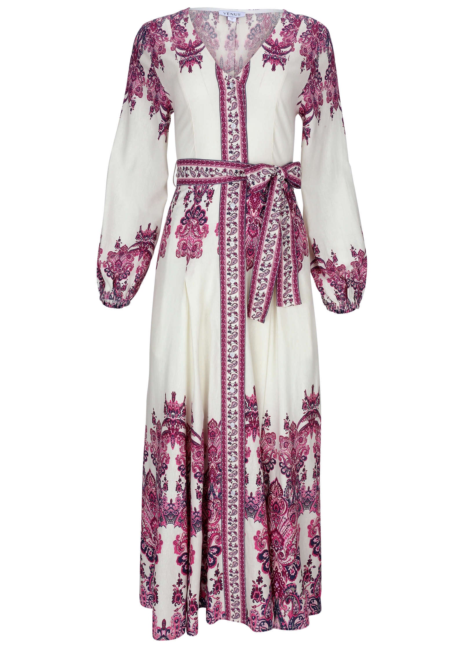 Tie-Waist Linen Maxi Dress - Pink Boho Paisley Border-Basic Charm Store