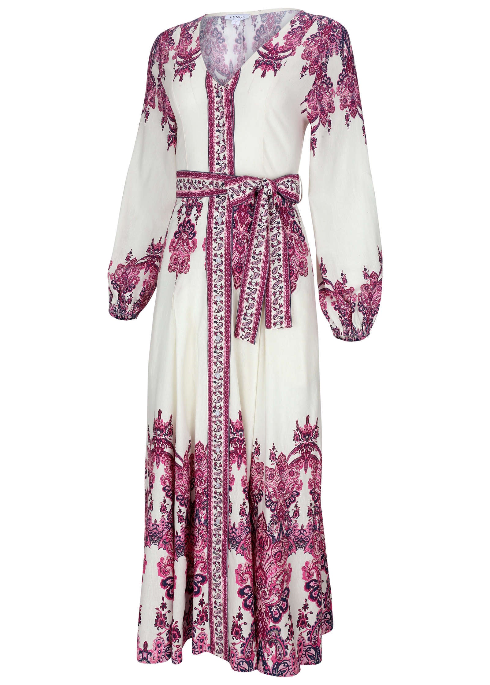 Tie-Waist Linen Maxi Dress - Pink Boho Paisley Border-Basic Charm Store