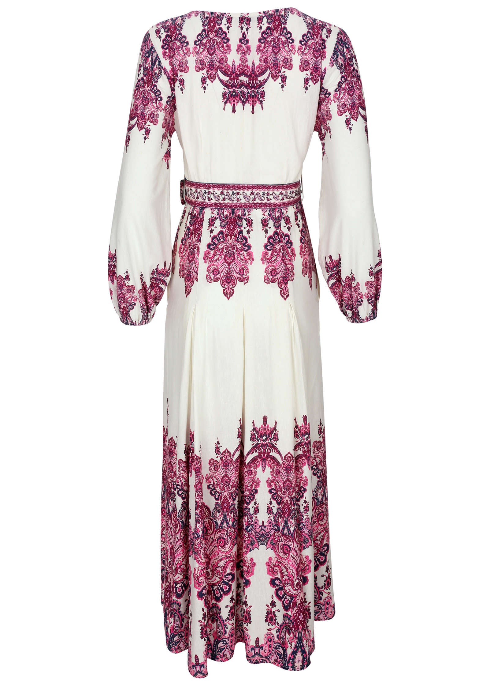 Tie-Waist Linen Maxi Dress - Pink Boho Paisley Border-Basic Charm Store