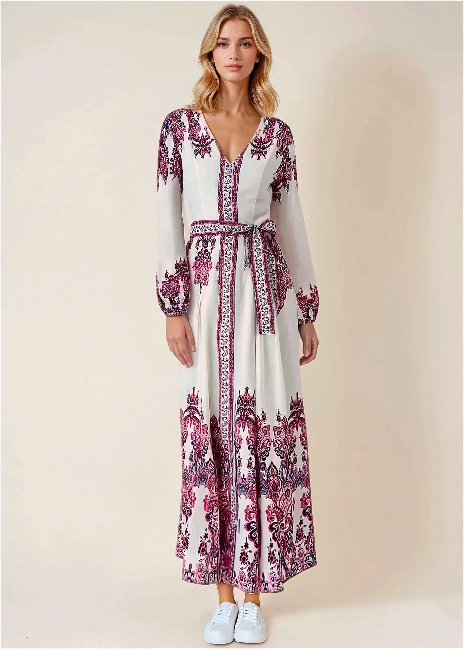 Tie-Waist Linen Maxi Dress - Pink Boho Paisley Border-Basic Charm Store