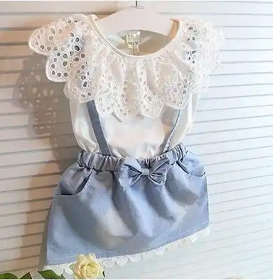New Fashion Girls cowboy Short sleeve Bow cotton dress baby Girls Summer clothes kids girls Ball Cute dress 2 3 4 5 6 7 Years