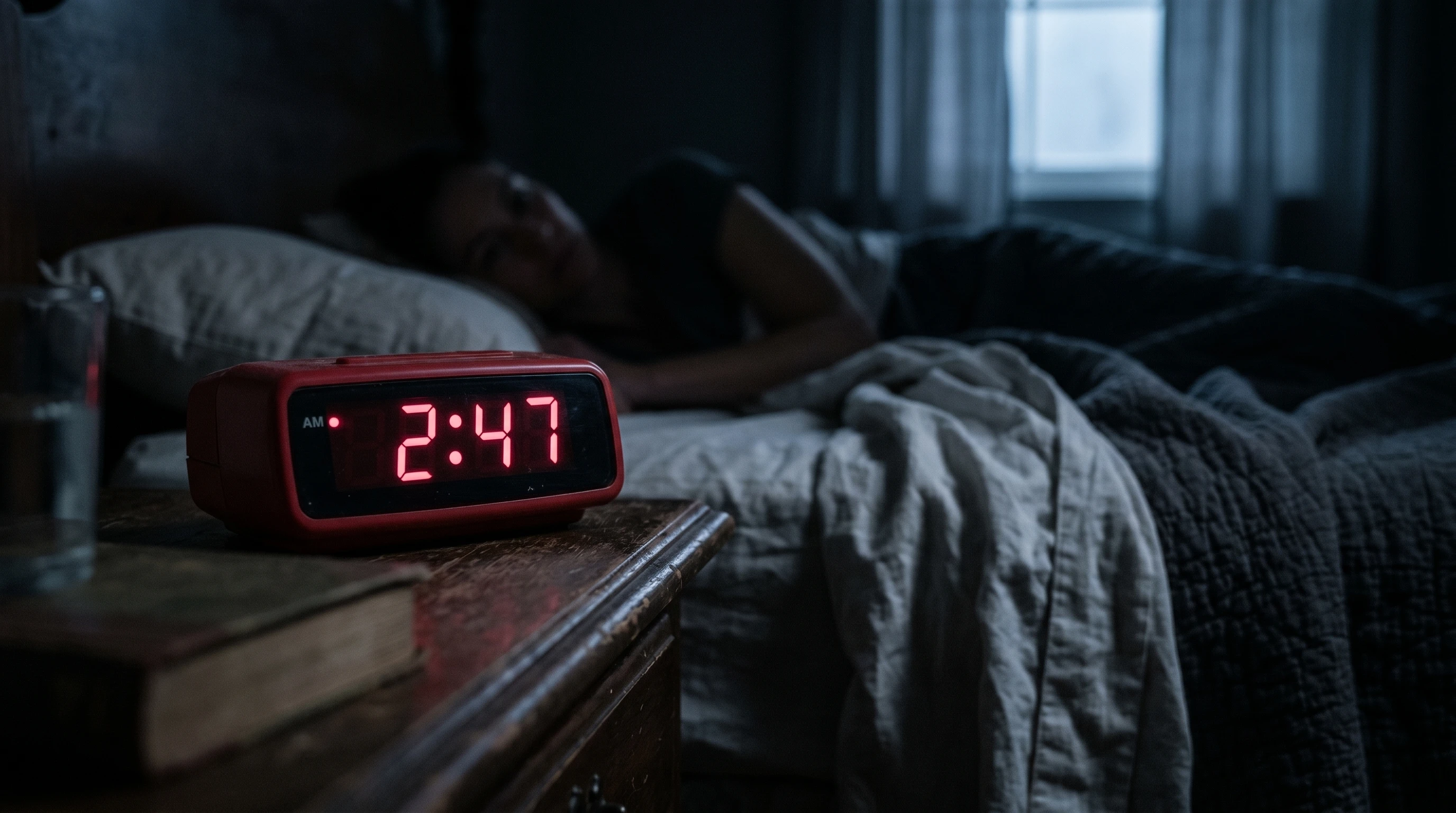 Woman lying awake at 3am, exhausted, staring at the ceiling