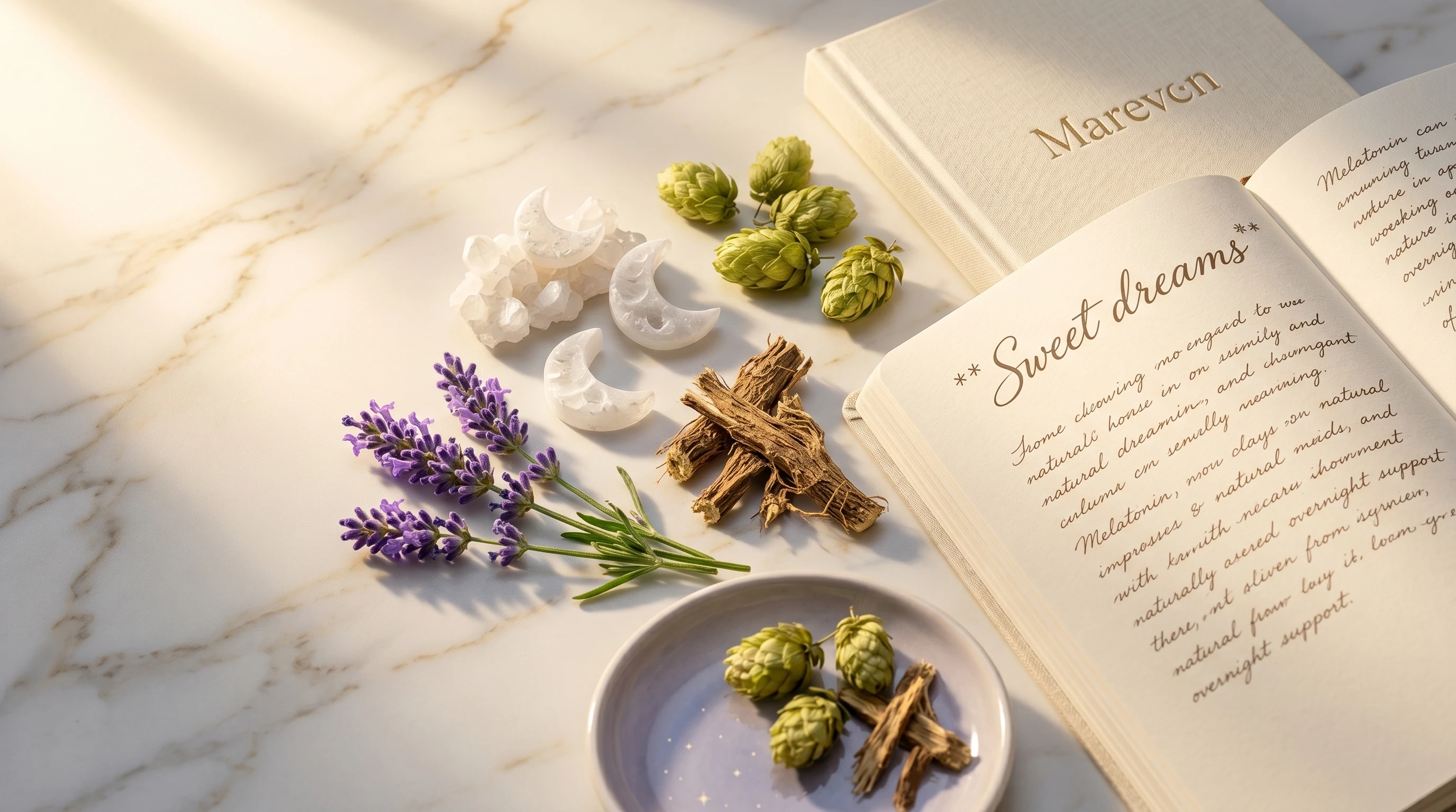 Lavender, valerian root, hops botanical ingredients flat lay on white marble
