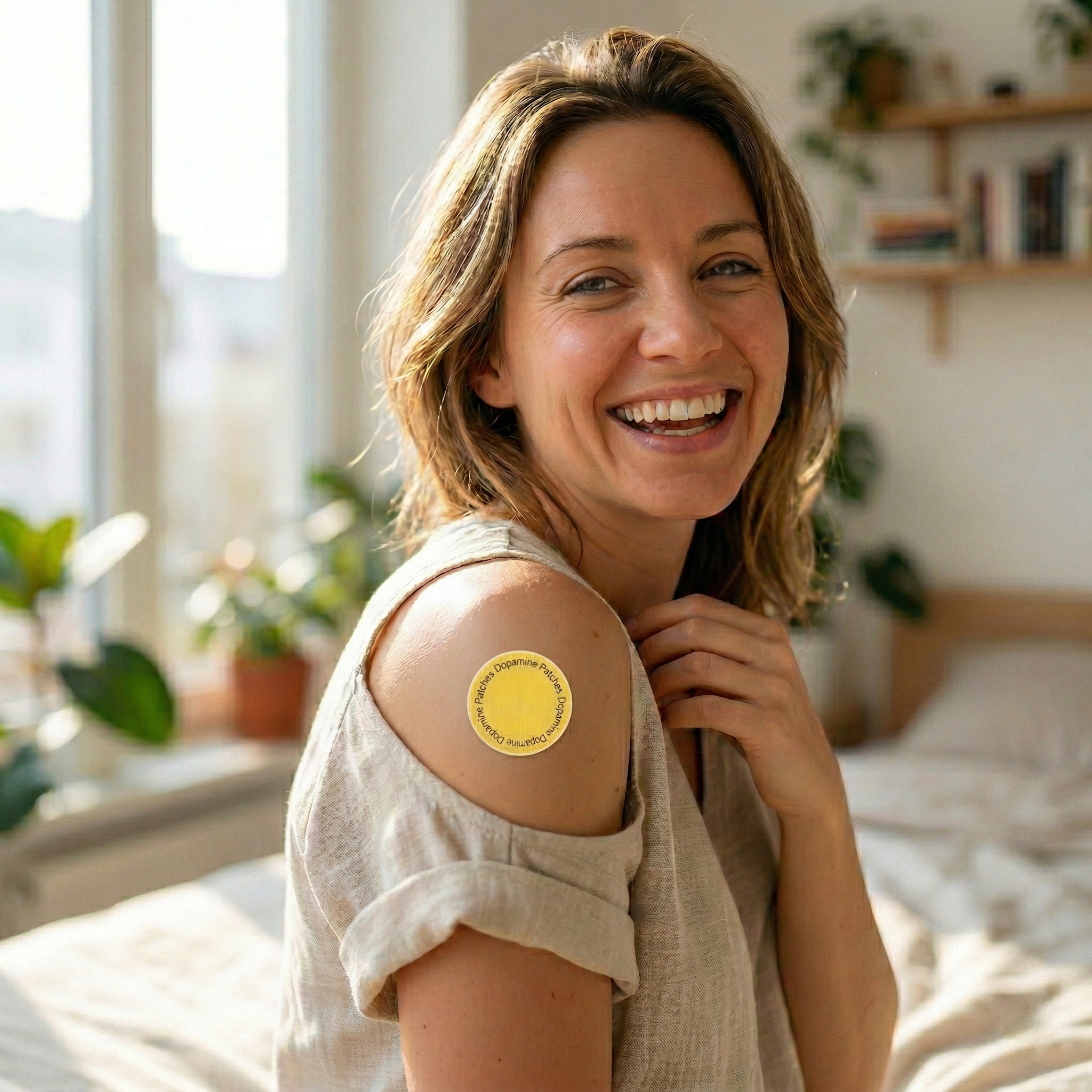 Happy woman wearing Marevon Dopamine Patch