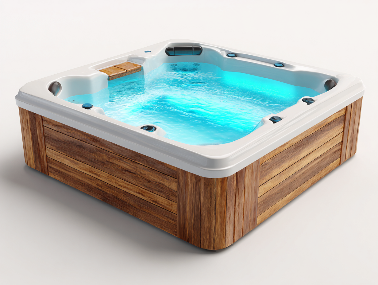 Bain à remous 4 places - 200x200x90 cm - blanc/bois naturel - avec système de massage-Habitatete