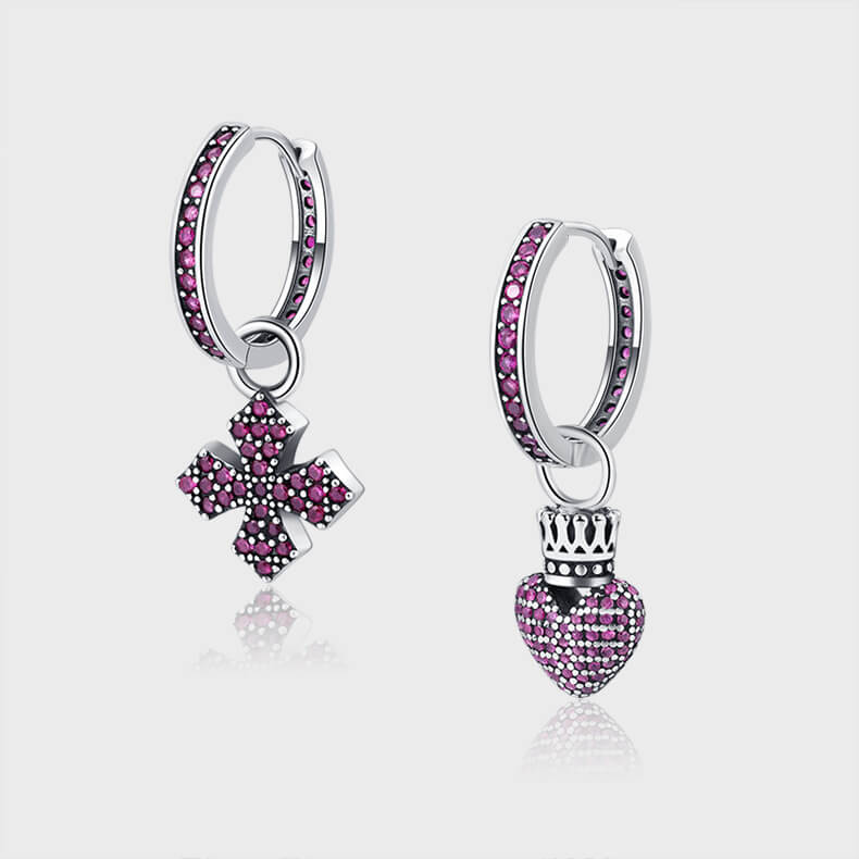 S925 Cross Heart Asymmetric Earrings-MARDAZA