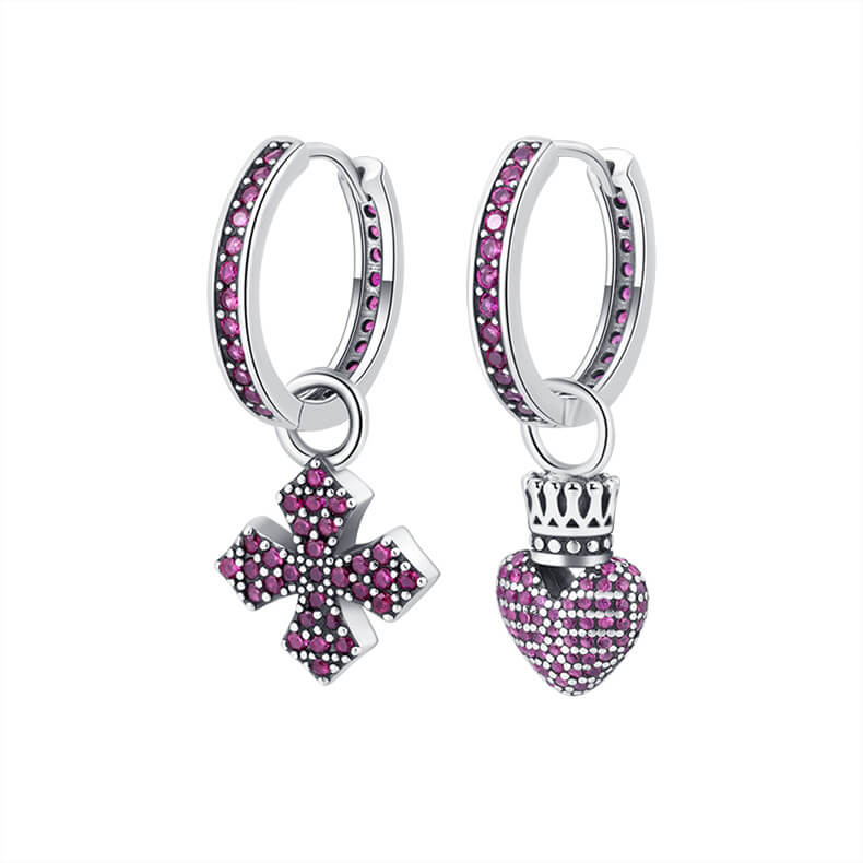 S925 Cross Heart Asymmetric Earrings-MARDAZA