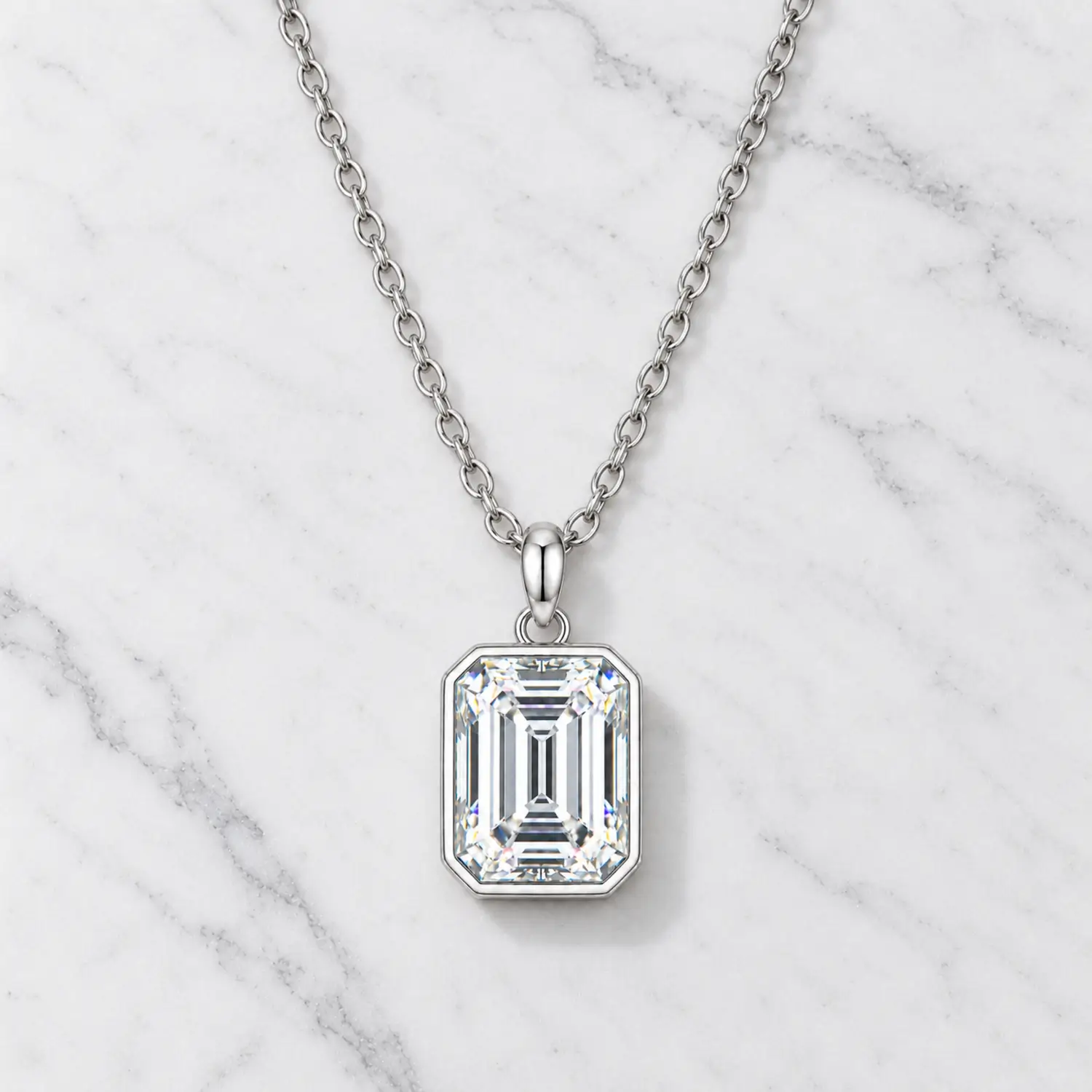 MARDAZA Classic Bezel Emerald Cut Moissanite Necklace